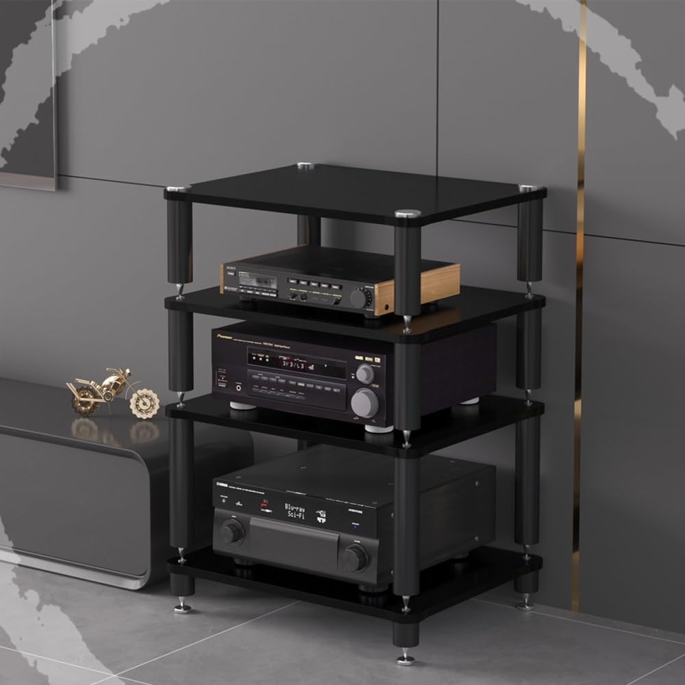 3 Tier Av Media Stand Wood Shelf, Hifi Rack, Audio Tower, Record Player Stand Stereo Cabinet, Media Console Storage Shelf, Audio Video Components (Teak, 4-Tier(60x48x80cm))