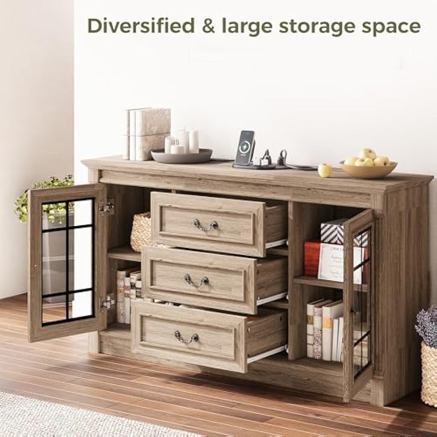 IRONCK Farmhouse TV Stand for 65 Inch TV with Outlets, 59" Entertainment Center with 3 Drawers and 2 Storage Cabinet, Glass Doors and Adjustable Shelf, Console Tables for Living Room, Light Rustic Oak