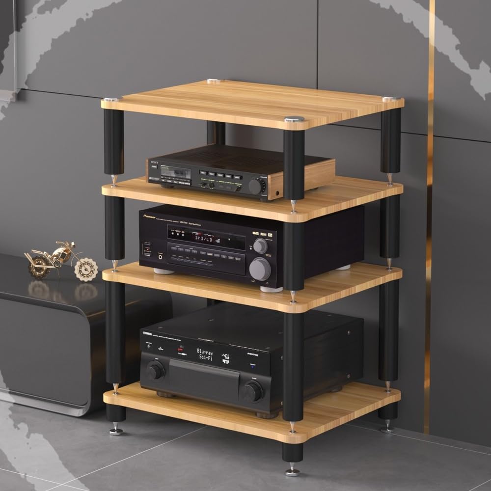 3 Tier Av Media Stand Wood Shelf, Hifi Rack, Audio Tower, Record Player Stand Stereo Cabinet, Media Console Storage Shelf, Audio Video Components (Teak, 4-Tier(60x48x80cm))