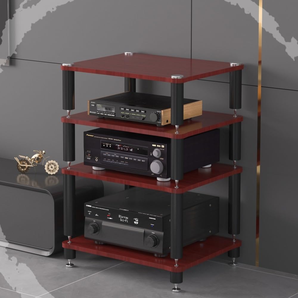 3 Tier Av Media Stand Wood Shelf, Hifi Rack, Audio Tower, Record Player Stand Stereo Cabinet, Media Console Storage Shelf, Audio Video Components (Teak, 4-Tier(60x48x80cm))