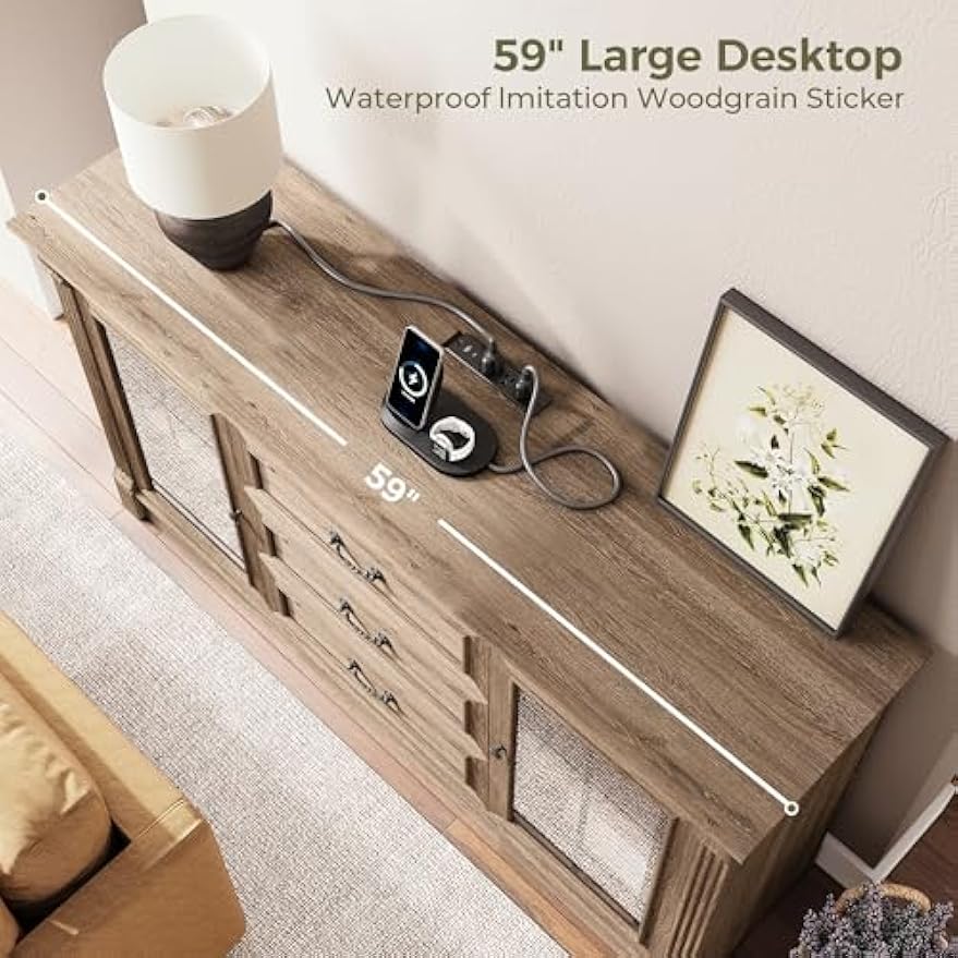 IRONCK Farmhouse TV Stand for 65 Inch TV with Outlets, 59" Entertainment Center with 3 Drawers and 2 Storage Cabinet, Glass Doors and Adjustable Shelf, Console Tables for Living Room, Light Rustic Oak