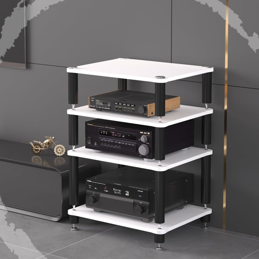 3 Tier Av Media Stand Wood Shelf, Hifi Rack, Audio Tower, Record Player Stand Stereo Cabinet, Media Console Storage Shelf, Audio Video Components (Teak, 4-Tier(60x48x80cm))