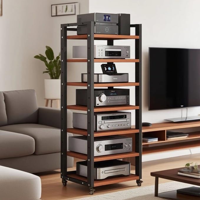 7 Tier Audio Rack Tower, CD Record Player Stereo Receiver AV Equipment Cabinet Display Rack, Weight capacity 661 lbs, with Adjustable Wooden Shelves for Home (TEAKWOOD, 7 TIER 55×19.7×15.7IN)