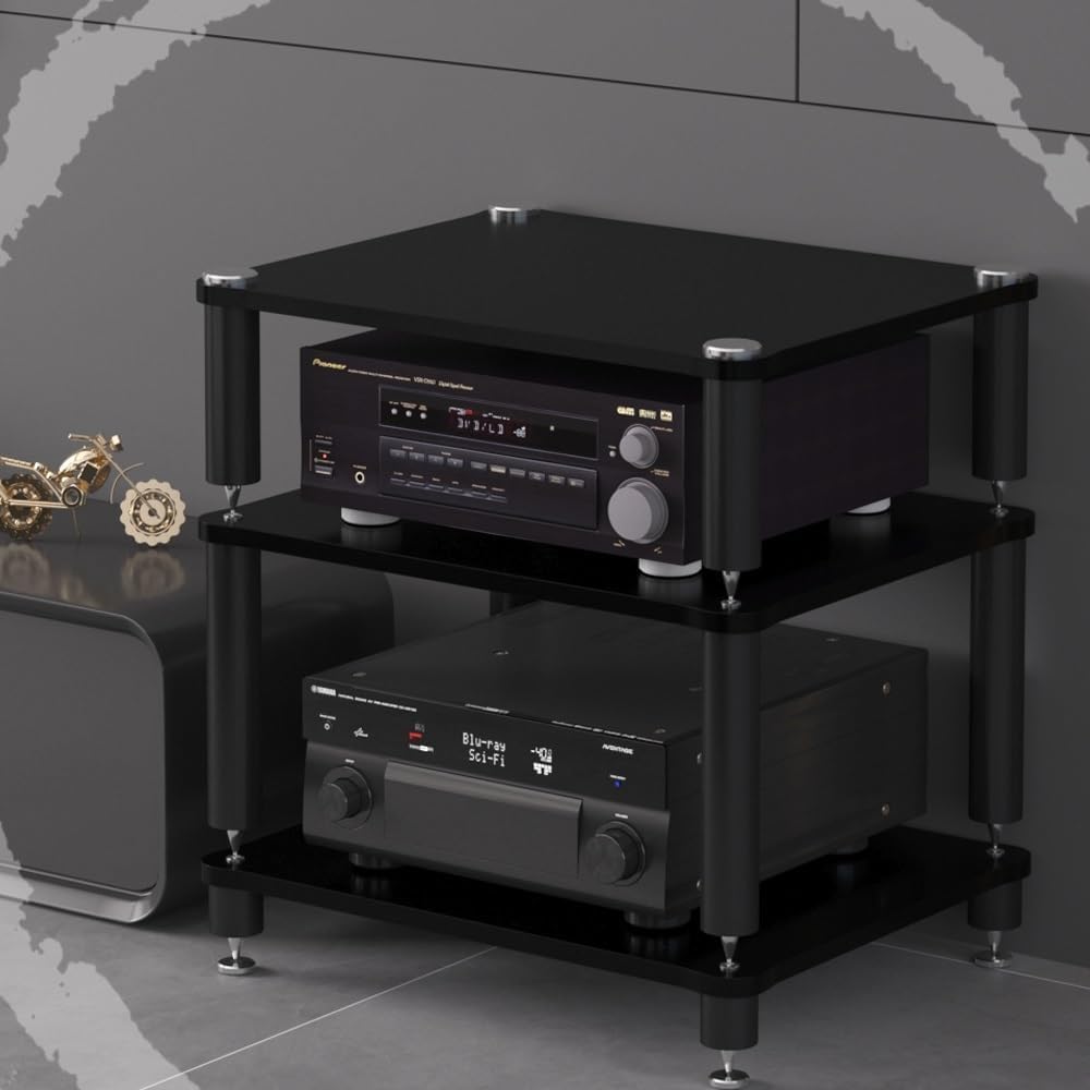 3 Tier Av Media Stand Wood Shelf, Hifi Rack, Audio Tower, Record Player Stand Stereo Cabinet, Media Console Storage Shelf, Audio Video Components (Teak, 4-Tier(60x48x80cm))