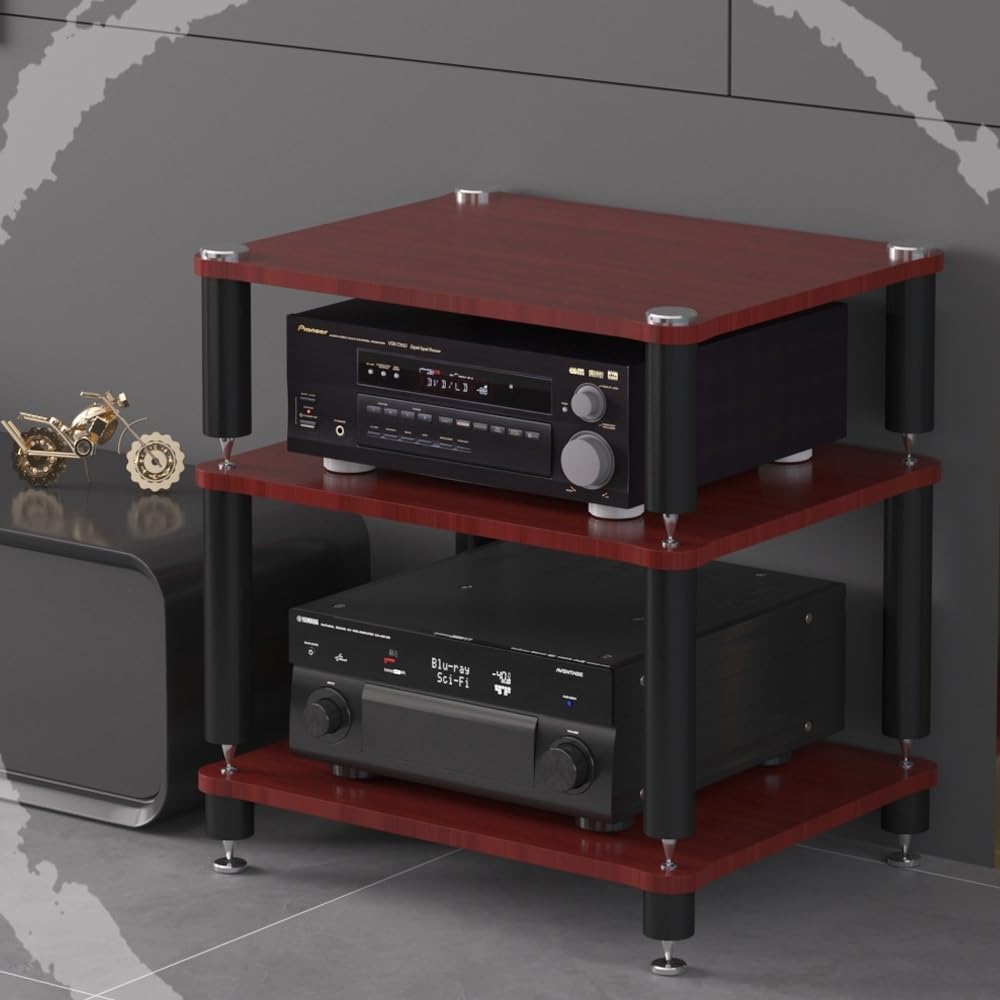 3 Tier Av Media Stand Wood Shelf, Hifi Rack, Audio Tower, Record Player Stand Stereo Cabinet, Media Console Storage Shelf, Audio Video Components (Teak, 4-Tier(60x48x80cm))