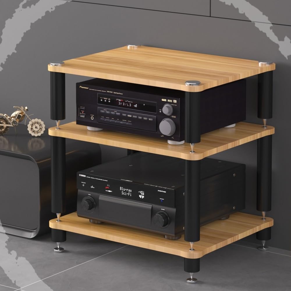 3 Tier Av Media Stand Wood Shelf, Hifi Rack, Audio Tower, Record Player Stand Stereo Cabinet, Media Console Storage Shelf, Audio Video Components (Teak, 4-Tier(60x48x80cm))
