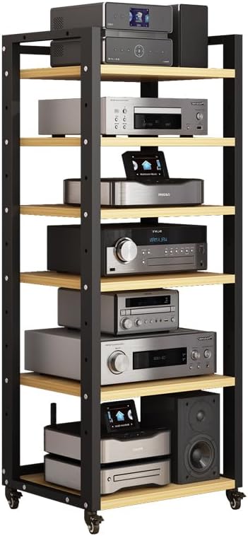 AV Media Stand, Audio Rack Stereo Cabinet, Adjustable Media Storage Shelves with Wheels, CD Player Video Audio Video Corner Shelf,for Home, Office and Theater,Brown