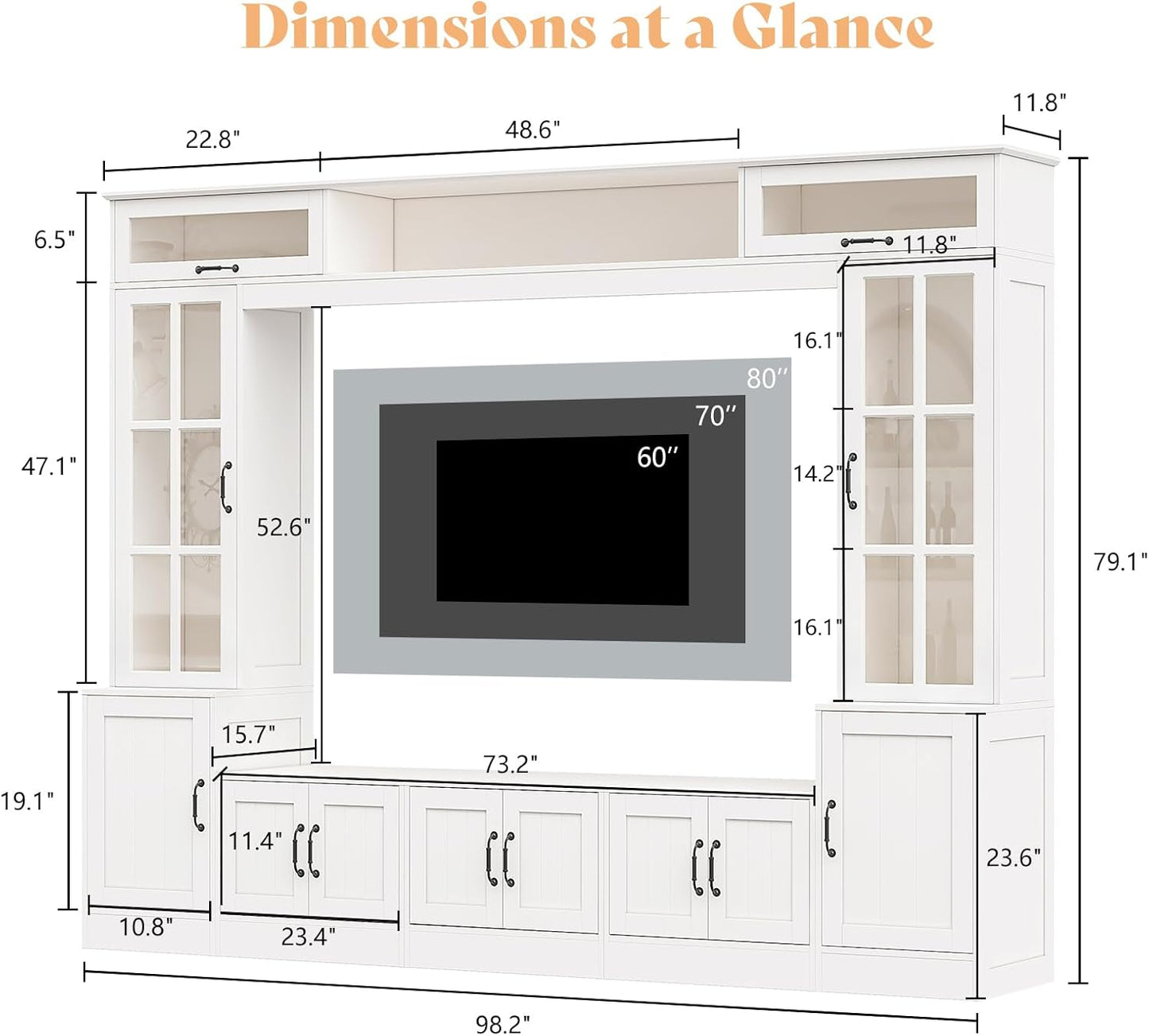 AMERLIFE 98" W Wall Unit TV Stand with Storage for TVs up to 80", Modern TV Console with LED Lights, Entertainment Center with Bookshelves for Living Room, White