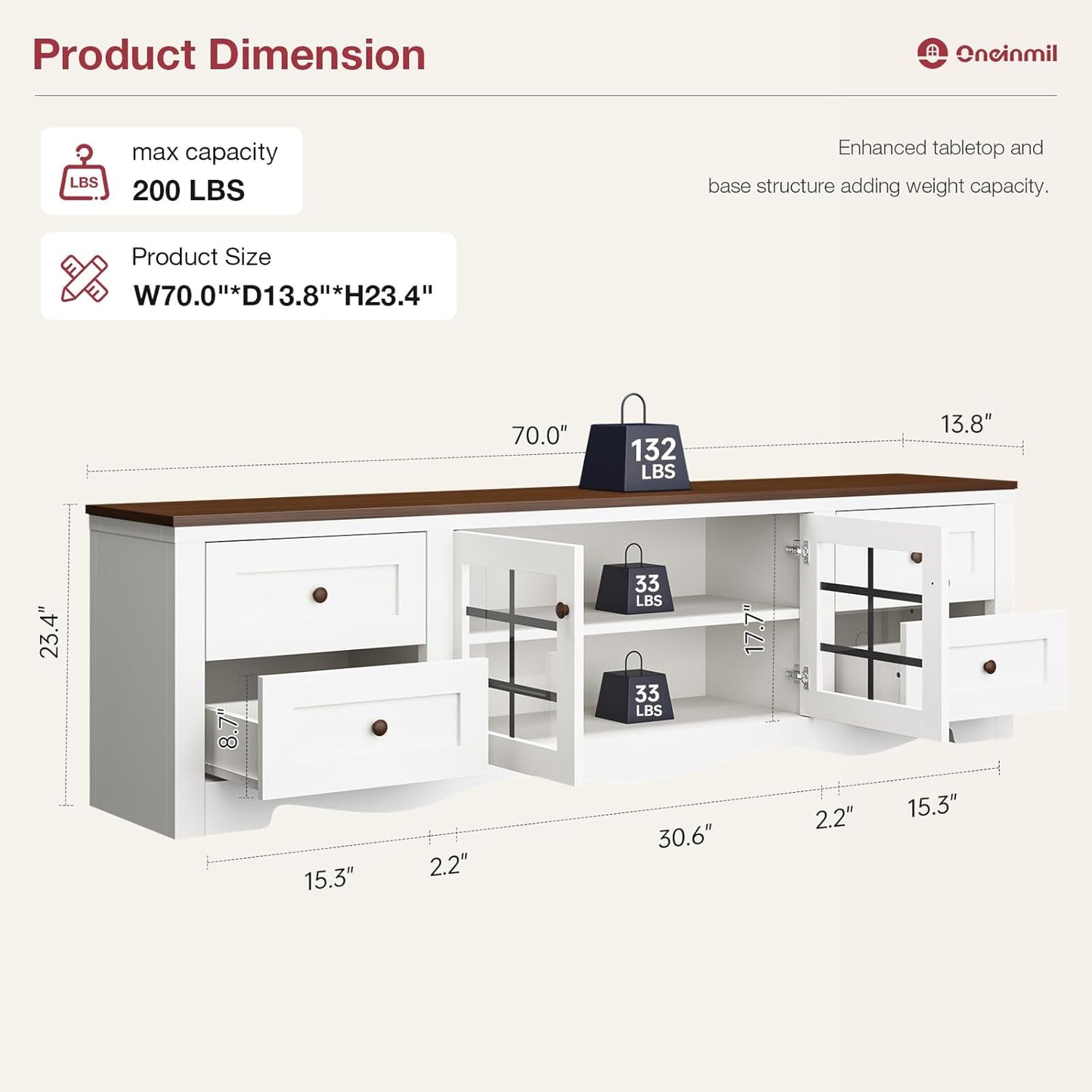 oneinmil 70" Modern TV Stands for for Living Room, Wood Entertainment Center with 4 Large Drawers, TV Console with Glass Door Storage Cabinet, TV Stand for TVs up to 75", White