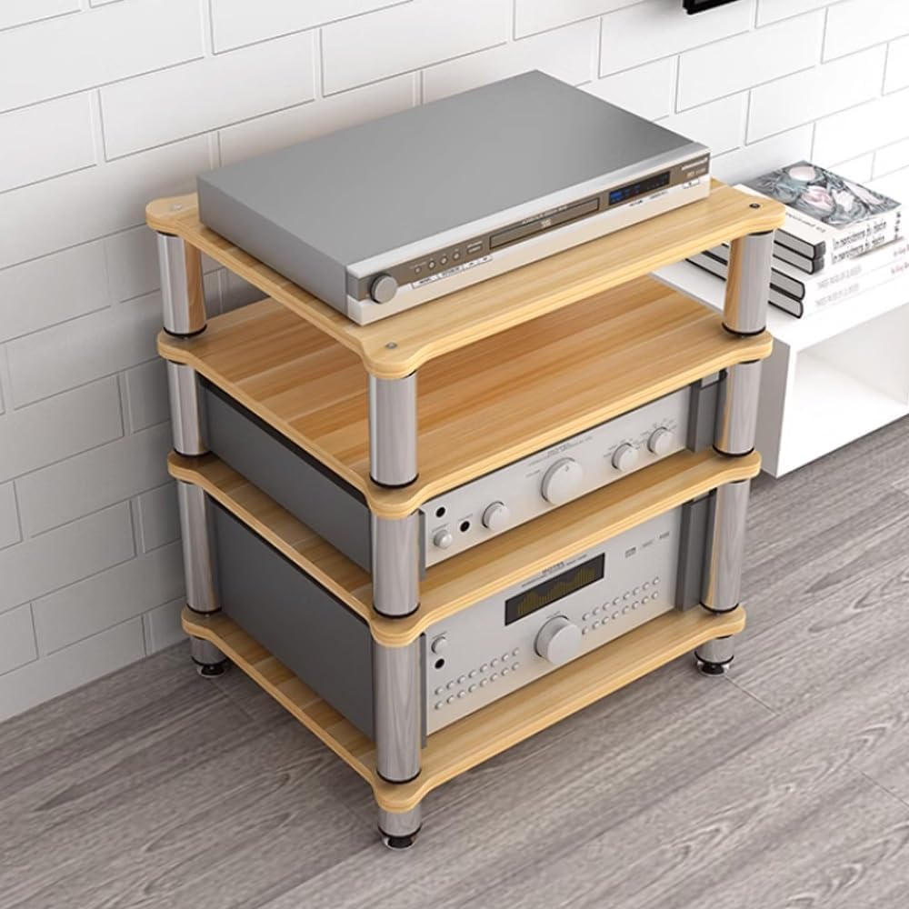 3 Tier Av Media Stand Wood Shelf, Hifi Rack, Audio Tower, Record Player Stand Stereo Cabinet, Media Console Storage Shelf, Audio Video Components (Teak, 4-Tier(60x48x80cm))