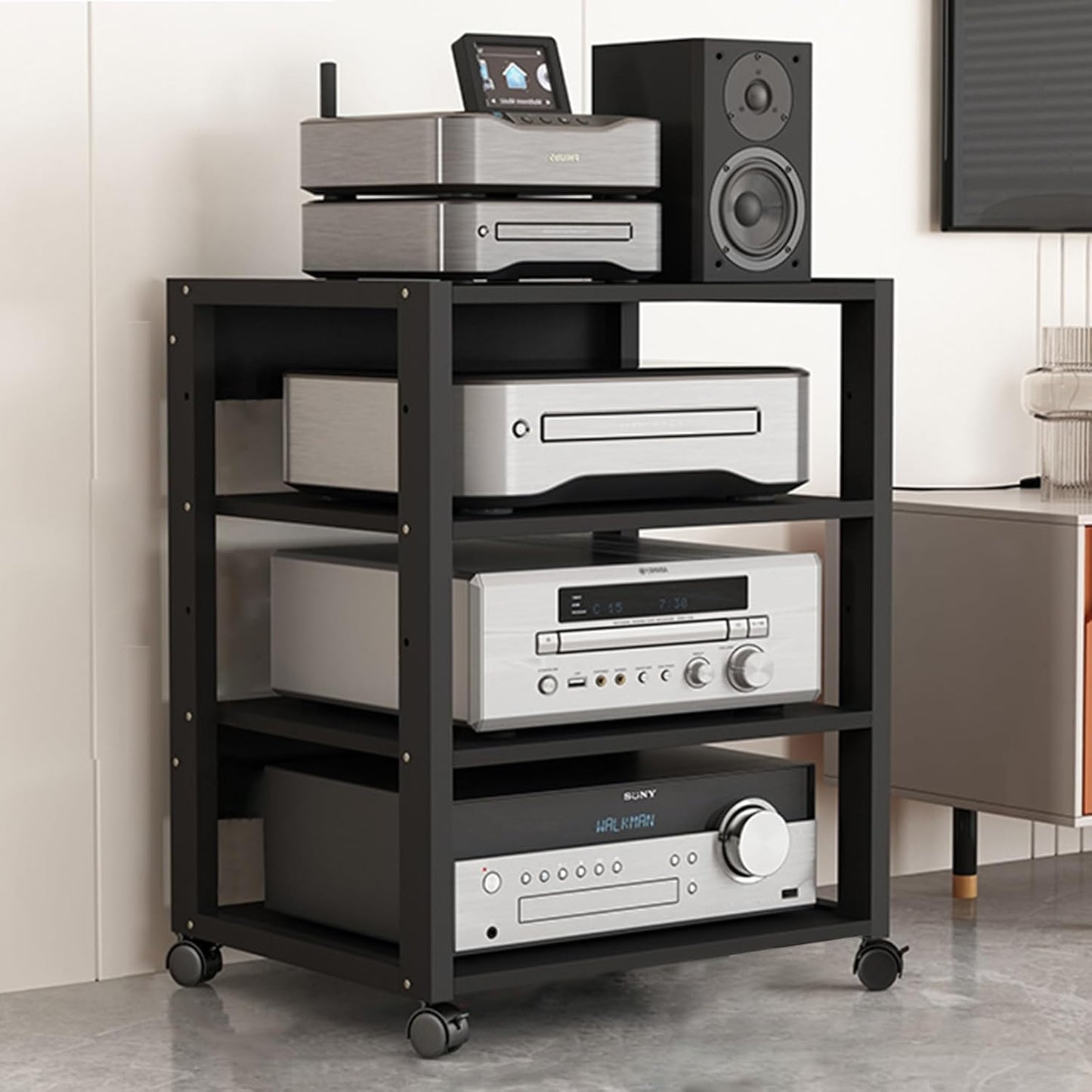 27in High Modern Record Player Stand, 4/3 Tier Mobile Audio AV Media Shelf Vertical Storage Cabinet for Office Home Classroom, Stereo Equipment Rack Adjustable(Light Wood,4 Tier)