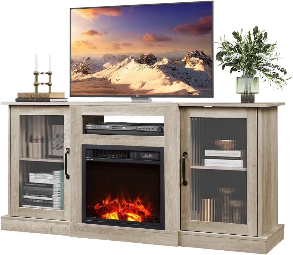 WLIVE Retro TV Stand for 65 inch TV, TV Console Cabinet with Storage, Open Shelves Entertainment Center for Living Room and Bedroom, Black