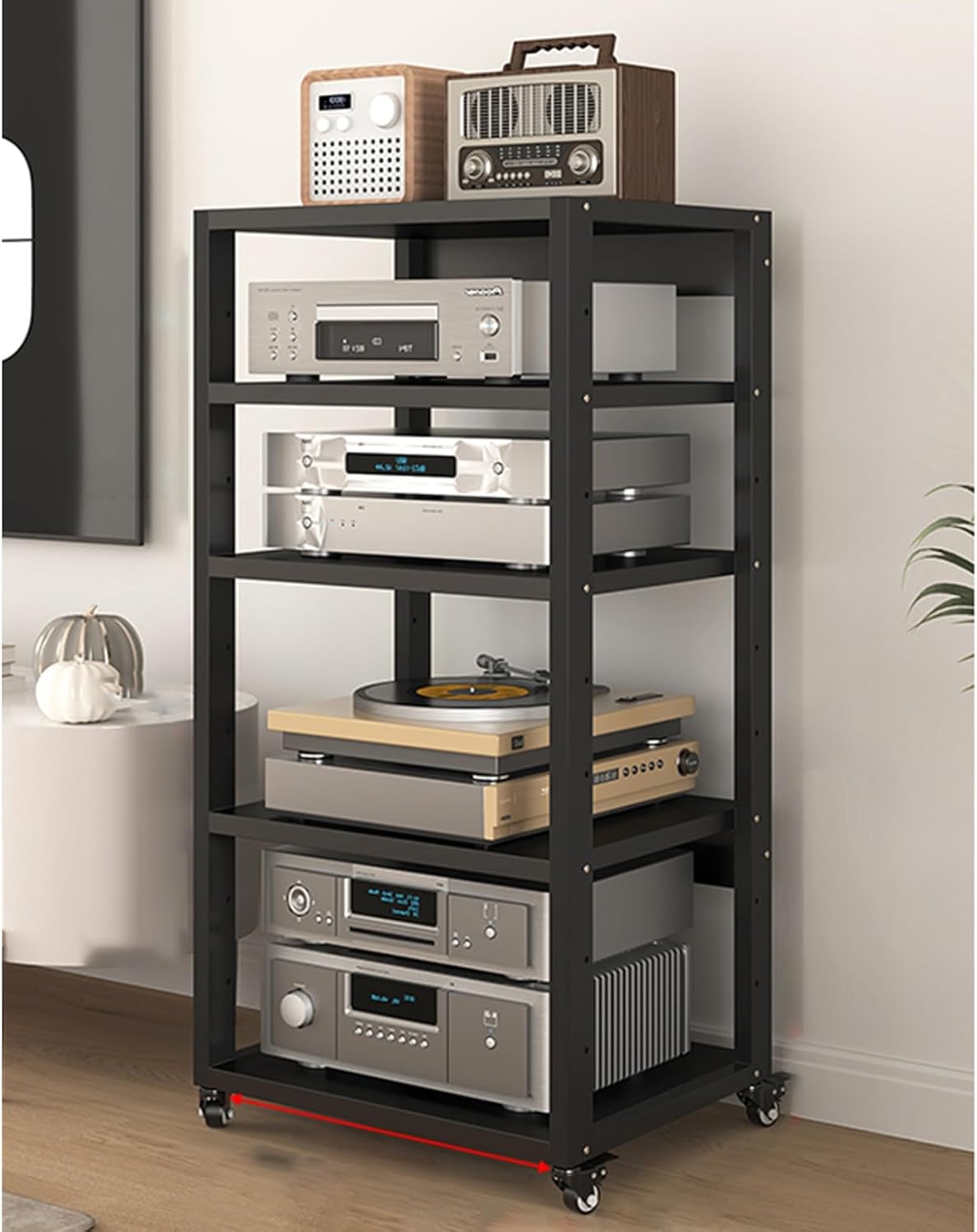 Stereo Stand Record Player Stand with Vinyl Storage Modern with Wheels Audio-Video Media Stand 5-Tier Shelves Audio Video Record Player Stand Cabinet Router DVD Shelf Corner TV Entertainment Center(55