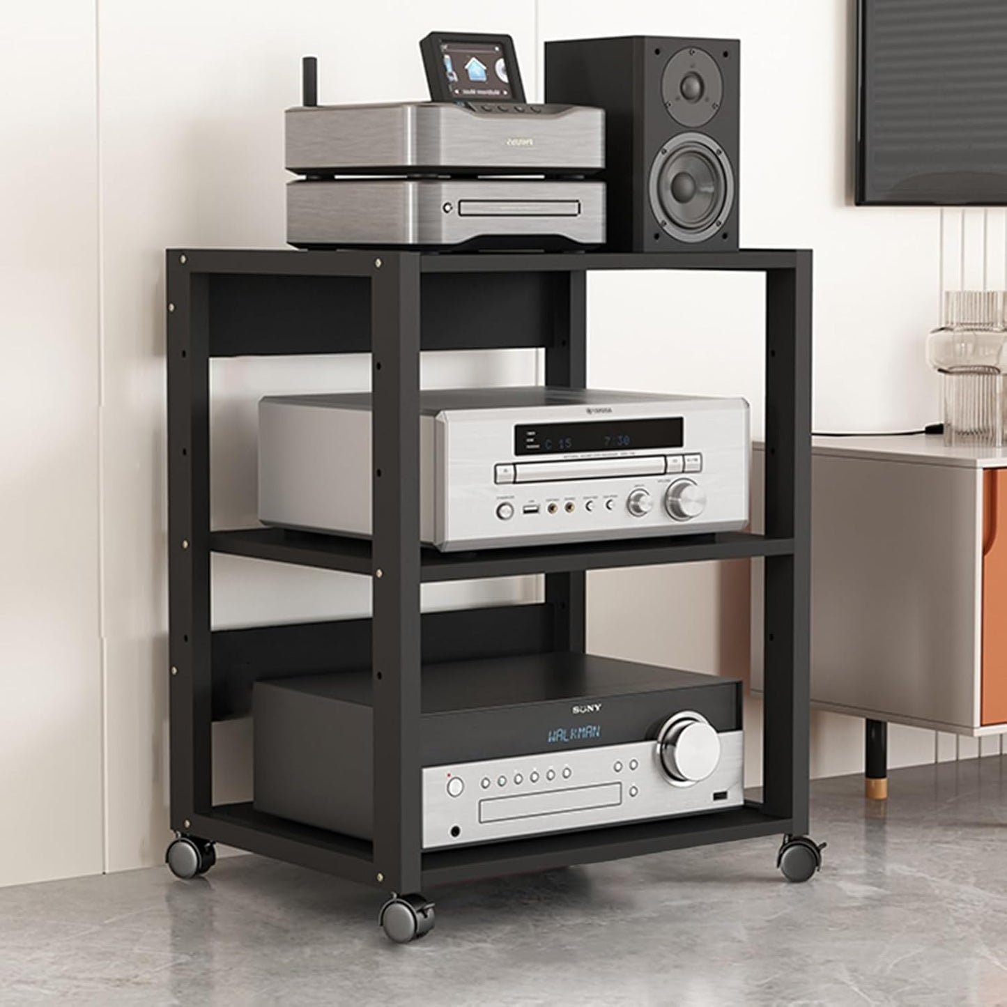 27in High Modern Record Player Stand, 4/3 Tier Mobile Audio AV Media Shelf Vertical Storage Cabinet for Office Home Classroom, Stereo Equipment Rack Adjustable(Light Wood,4 Tier)