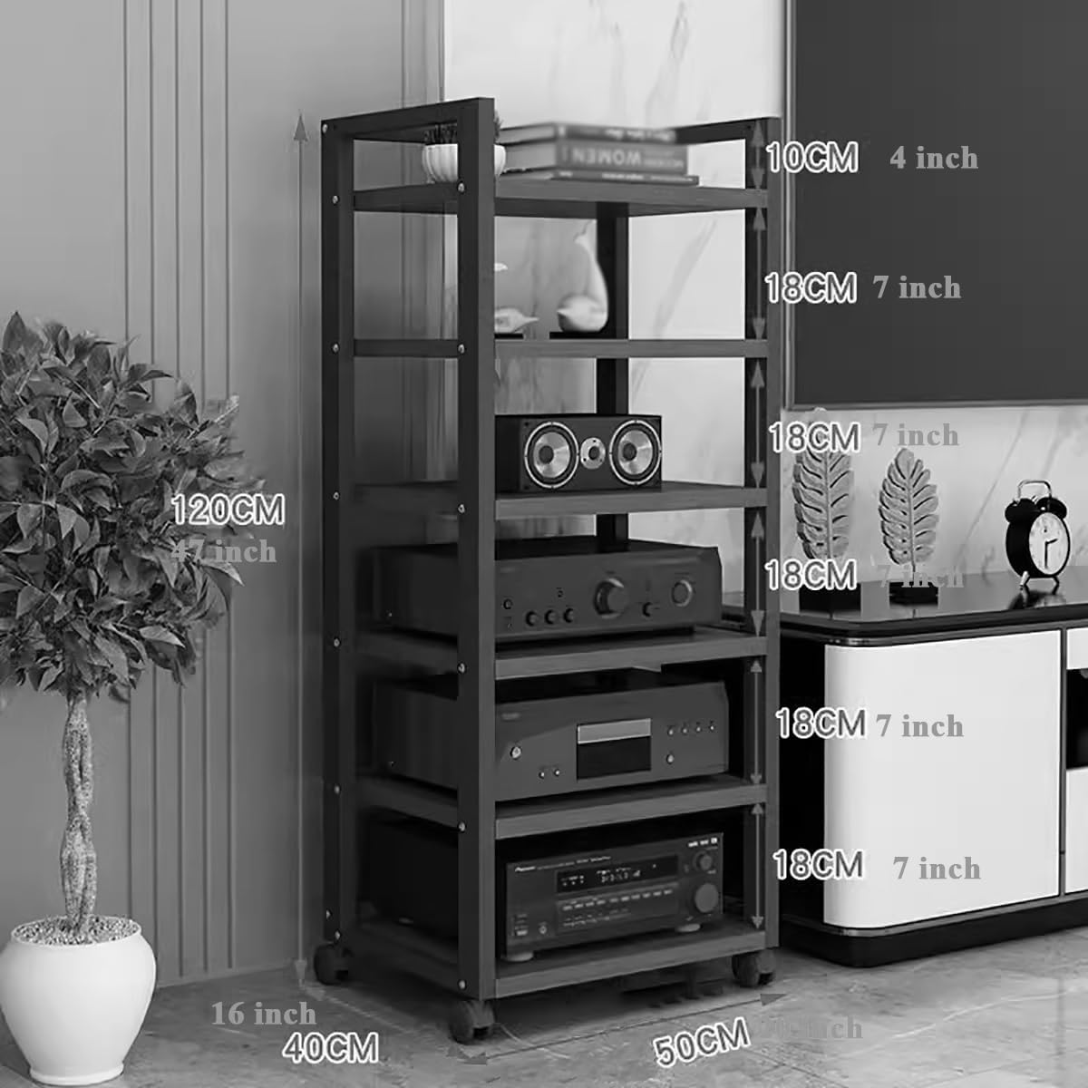 6 Tier AV Media Stand Audio/Video Rack Tower, Open CD Record Player Console Rack/Stereo Stand/Component Storage Cabinet, Freestanding Corner Gaming Shelves For Home Office Living Game Room(Black)