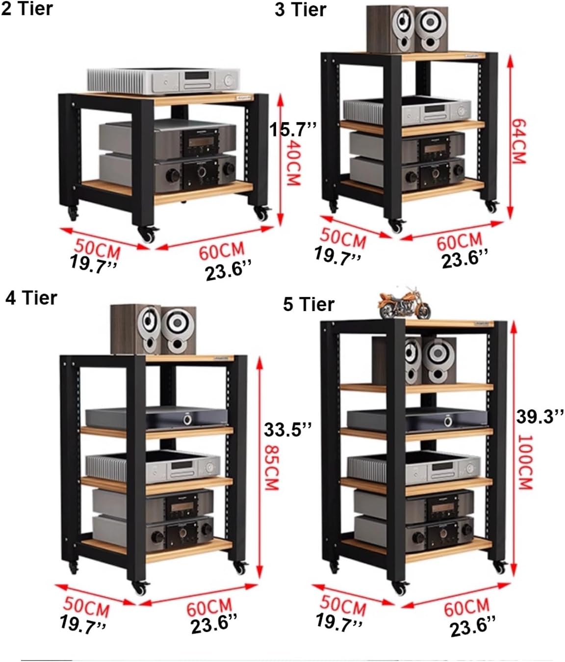 AV Media Stand with Wheels HiFi Stand Adjustable Media Storage Shelves Wooden Audio Rack Tower Stereo Cabinet for CD Player Video Game Console(Black,5 Tier)