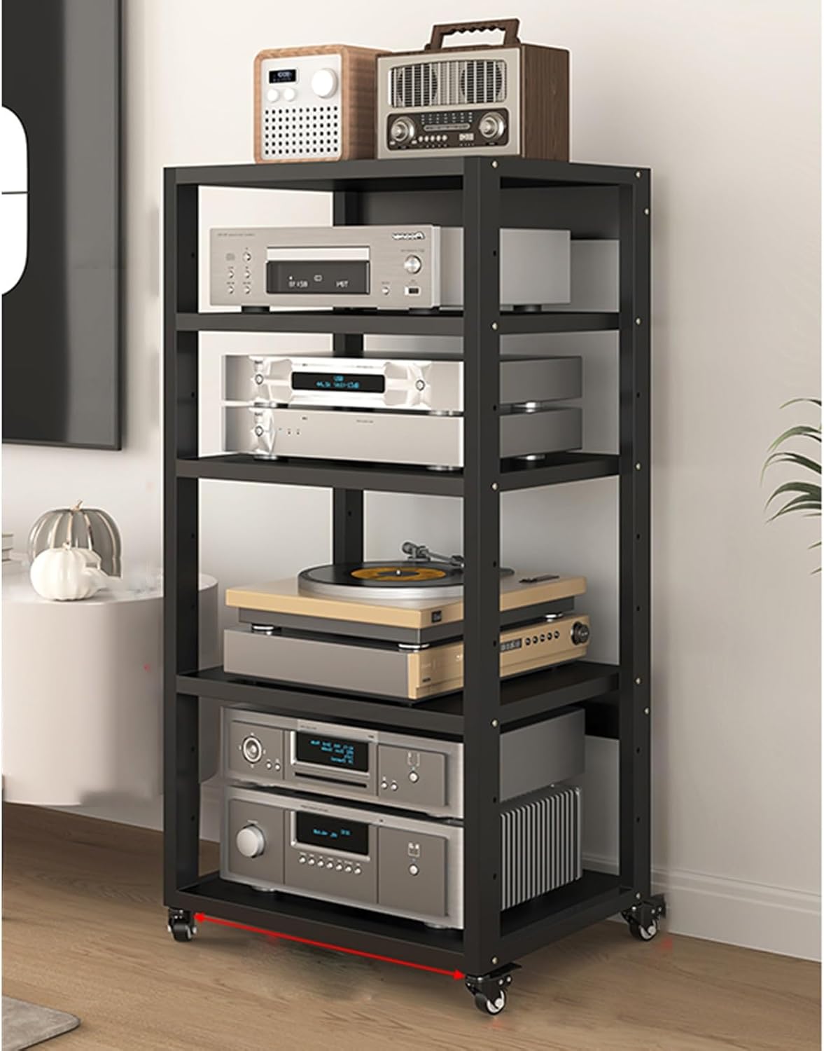 Stereo Stand Record Player Stand with Vinyl Storage Modern with Wheels Audio-Video Media Stand 5-Tier Shelves Audio Video Record Player Stand Cabinet Router DVD Shelf Corner TV Entertainment Center(55
