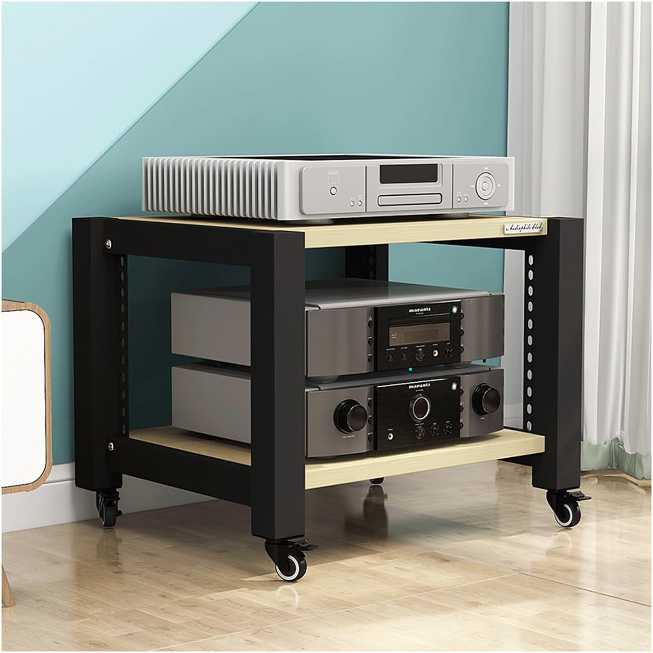 AV Media Stand with Wheels HiFi Stand Adjustable Media Storage Shelves Wooden Audio Rack Tower Stereo Cabinet for CD Player Video Game Console(Black,5 Tier)