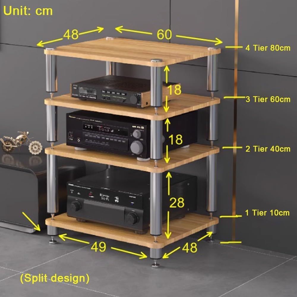 3 Tier Av Media Stand Wood Shelf, Hifi Rack, Audio Tower, Record Player Stand Stereo Cabinet, Media Console Storage Shelf, Audio Video Components (Teak, 4-Tier(60x48x80cm))