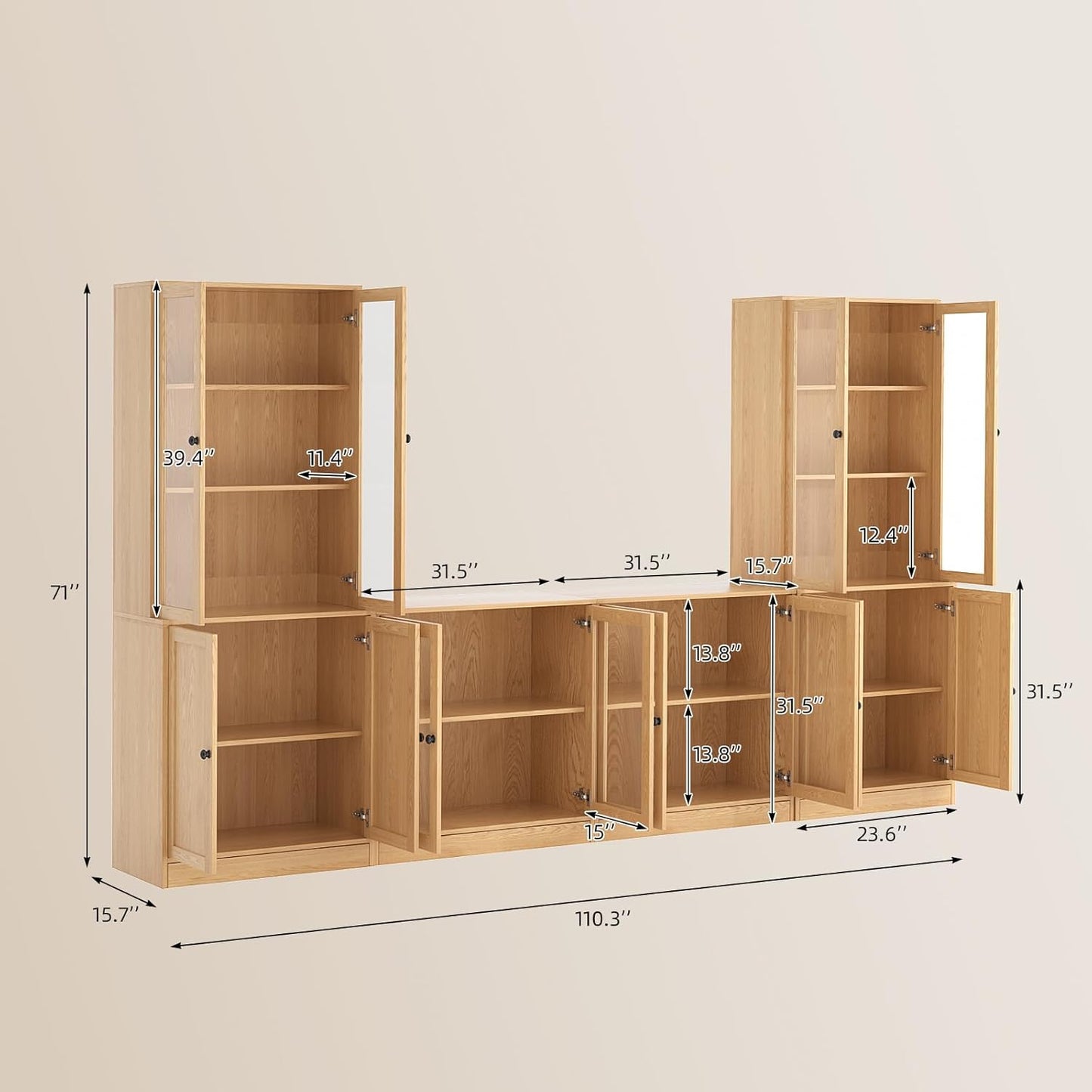 TUSY 4-Piece Large TV Stand with Bookshelves for TVs up to 75", TV Entertainment Center Media Center with Tempered Glass Doors and Shelves, TV Hutch for Living Room (Wood)