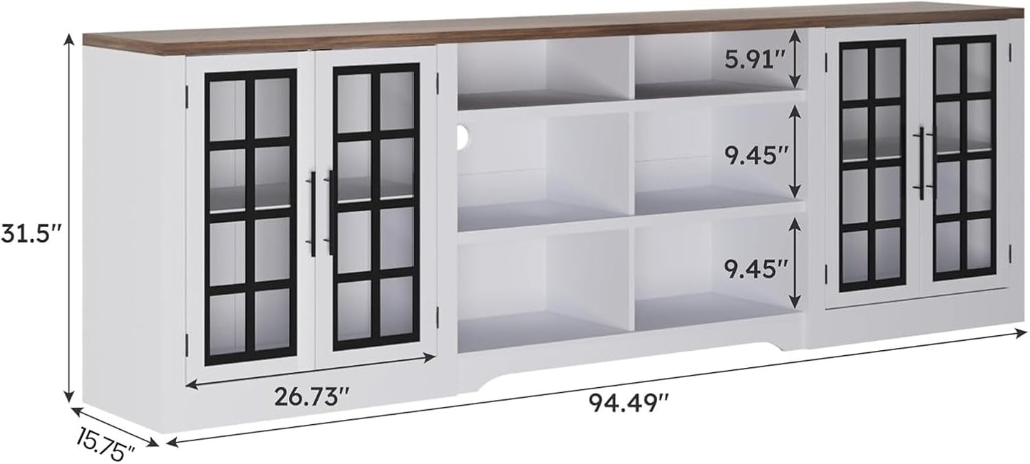 Farmhouse TV Stand for TVs up to 100", Modern Entertainment Center with 2 Cabinets and 3-Tier Open Shelves, Rustic TV Console for Living Room, Bedroom, White