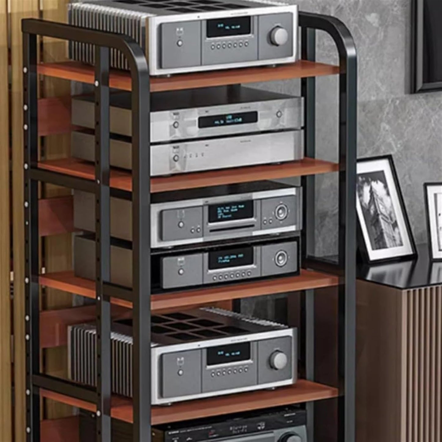 AV Media Stand,Media Stand, AV Media Stand Corner Shelf Media Storage Cabinet, Audio Video Player Stand Cabinet Stereo Audio Rack with Height Adjustable(Black+Teak,3 Tier-high 69cm)