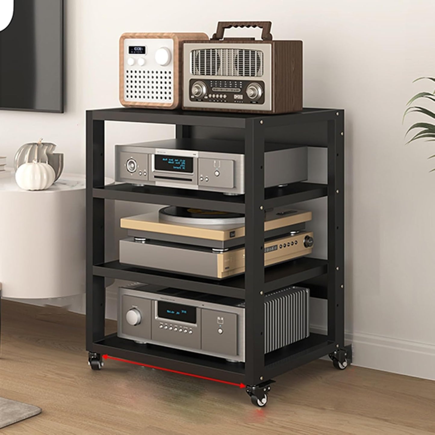 Stereo Stand Record Player Stand with Vinyl Storage Modern with Wheels Audio-Video Media Stand 5-Tier Shelves Audio Video Record Player Stand Cabinet Router DVD Shelf Corner TV Entertainment Center(55