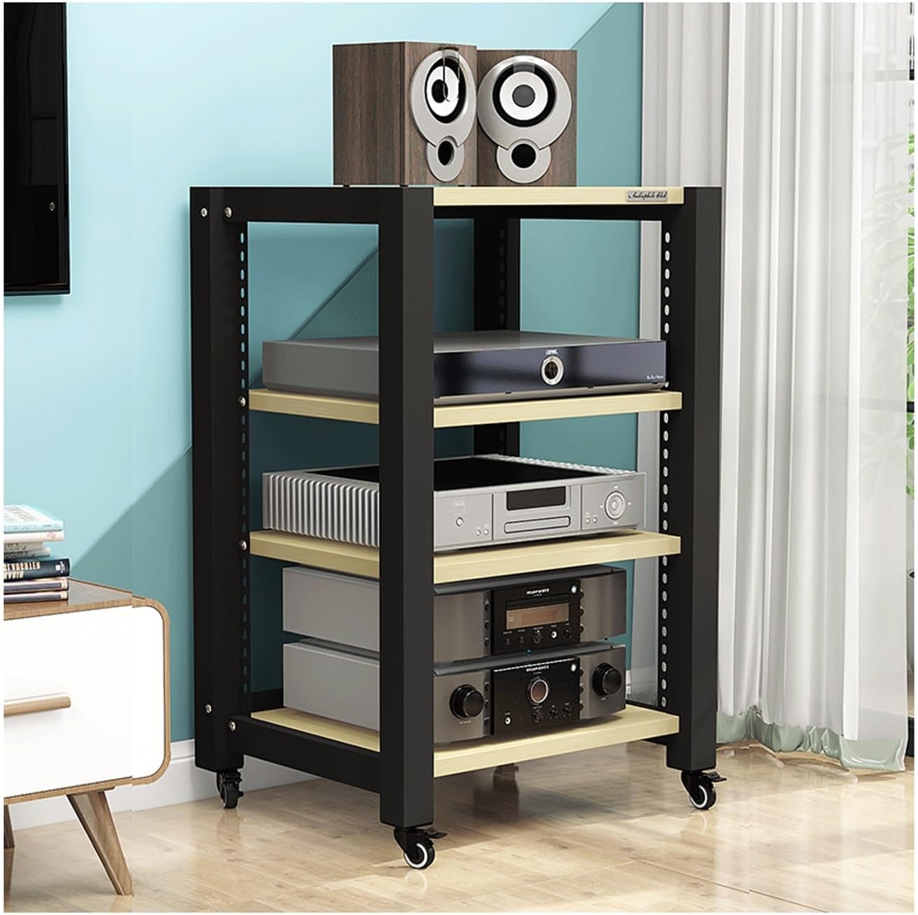 AV Media Stand with Wheels HiFi Stand Adjustable Media Storage Shelves Wooden Audio Rack Tower Stereo Cabinet for CD Player Video Game Console(Black,5 Tier)