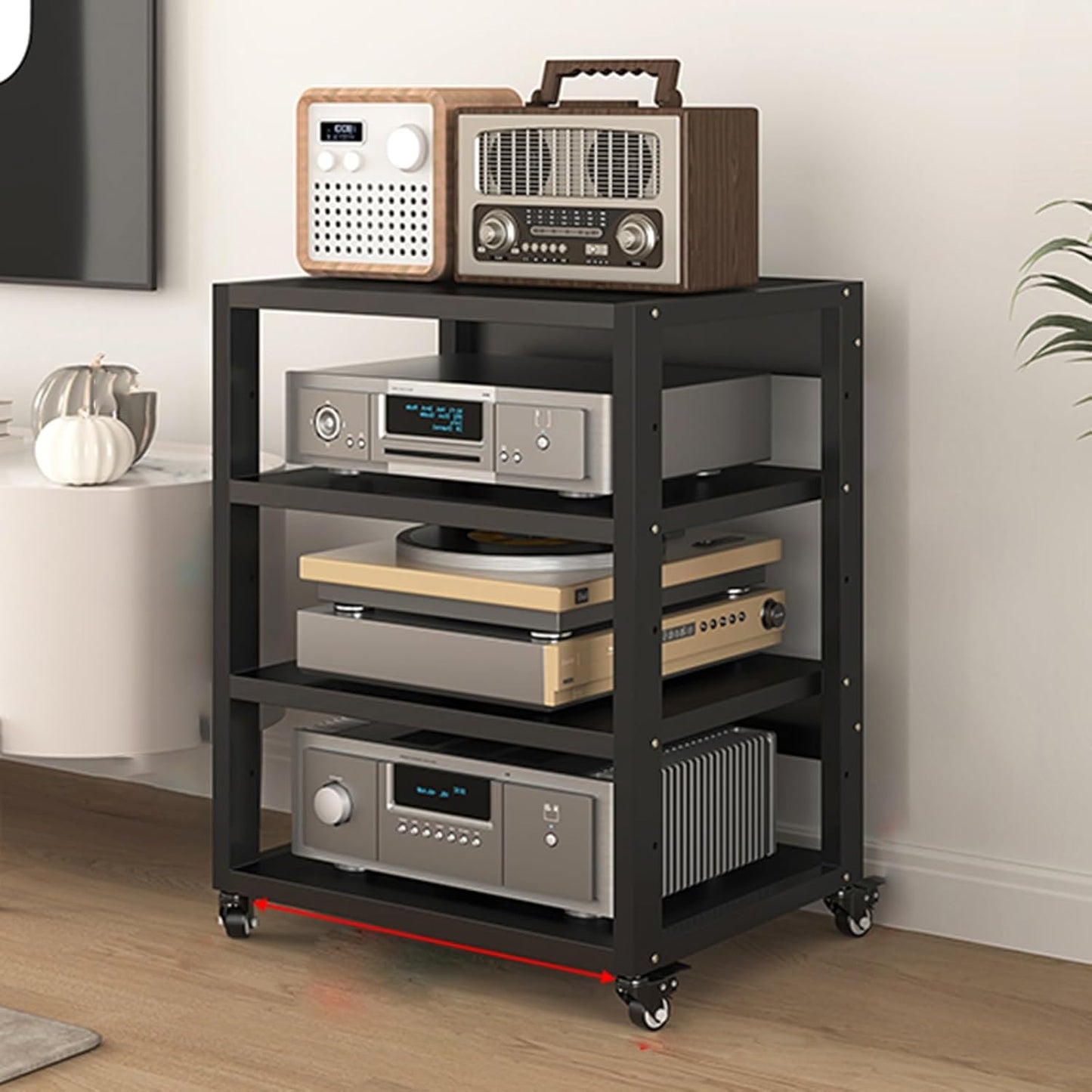 Stereo Stand Record Player Stand with Vinyl Storage Modern with Wheels Audio-Video Media Stand 5-Tier Shelves Audio Video Record Player Stand Cabinet Router DVD Shelf Corner TV Entertainment Center(55