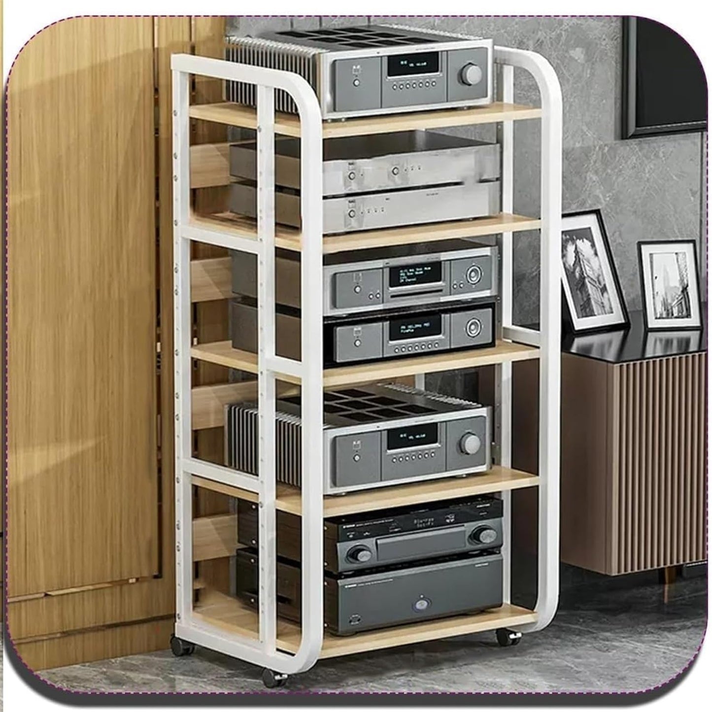 AV Media Stand,Media Stand, AV Media Stand Corner Shelf Media Storage Cabinet, Audio Video Player Stand Cabinet Stereo Audio Rack with Height Adjustable(Black+Teak,3 Tier-high 69cm)
