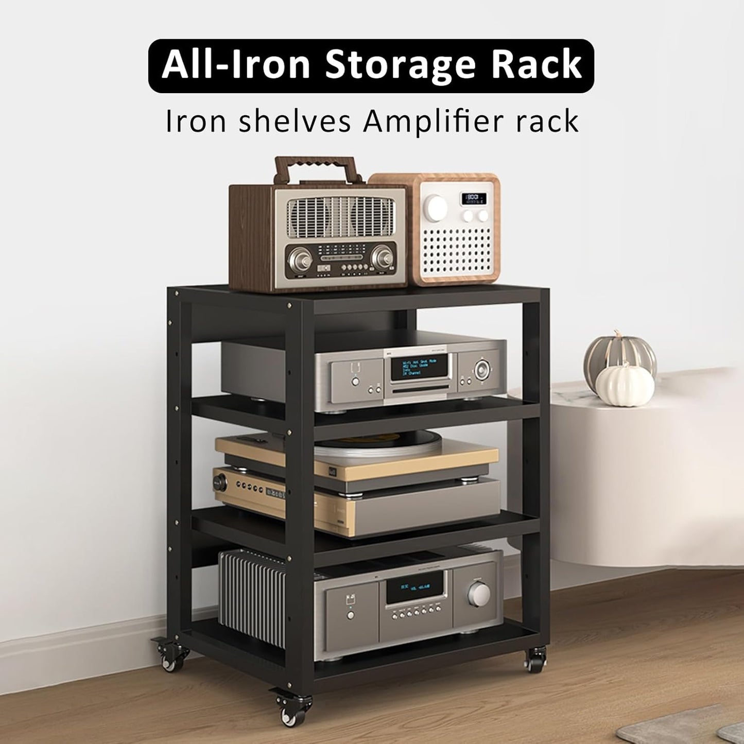 Stereo Stand Record Player Stand with Vinyl Storage Modern with Wheels Audio-Video Media Stand 5-Tier Shelves Audio Video Record Player Stand Cabinet Router DVD Shelf Corner TV Entertainment Center(55