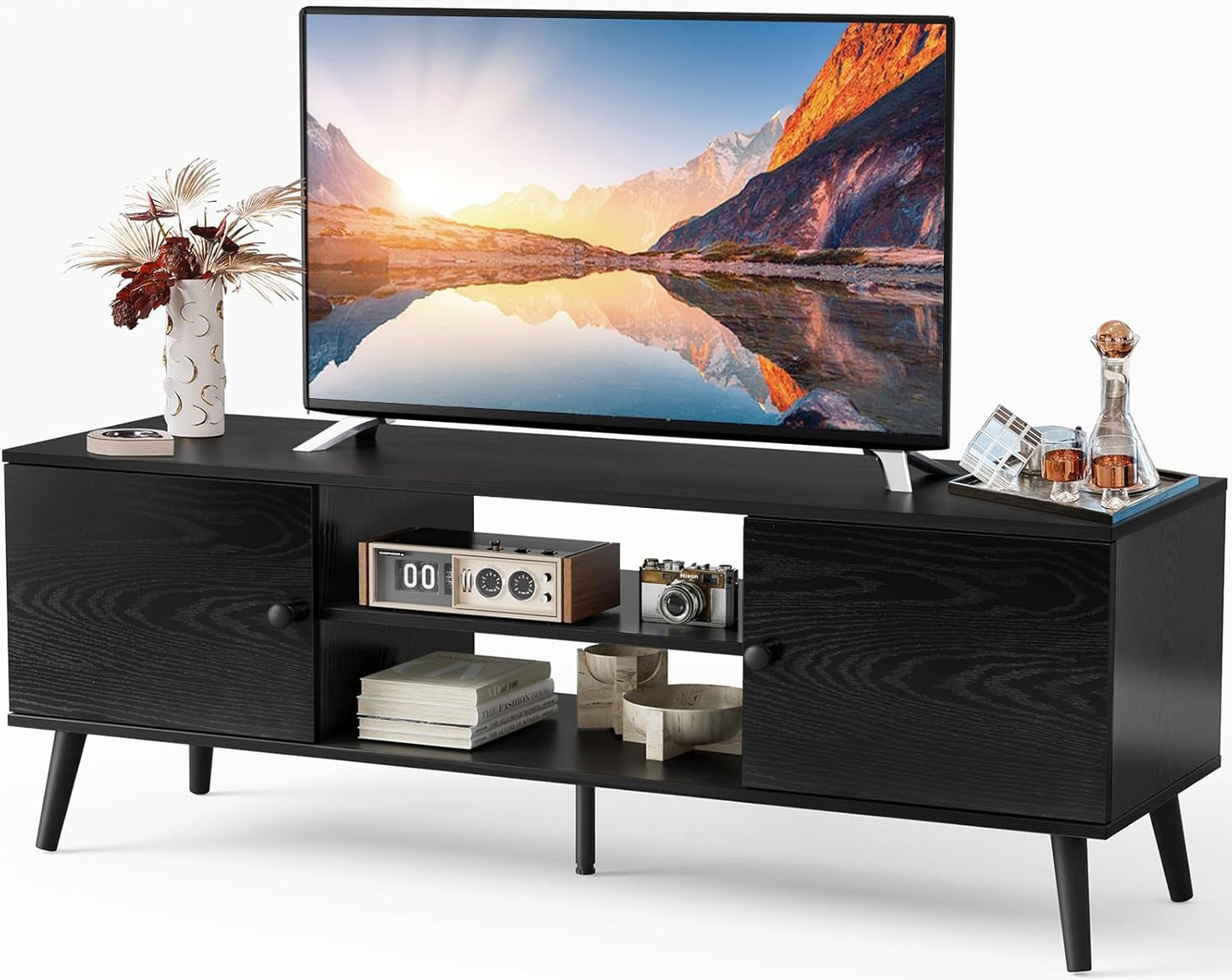 Sweetcrispy TV Stand for 55 60 inch TV, Modern Mid Century Entertainment Center with Storage, Media Console Table 2 Cabinet, Soft Hinge, Handle Door, Wooden Living Room, Office Furniture, Black