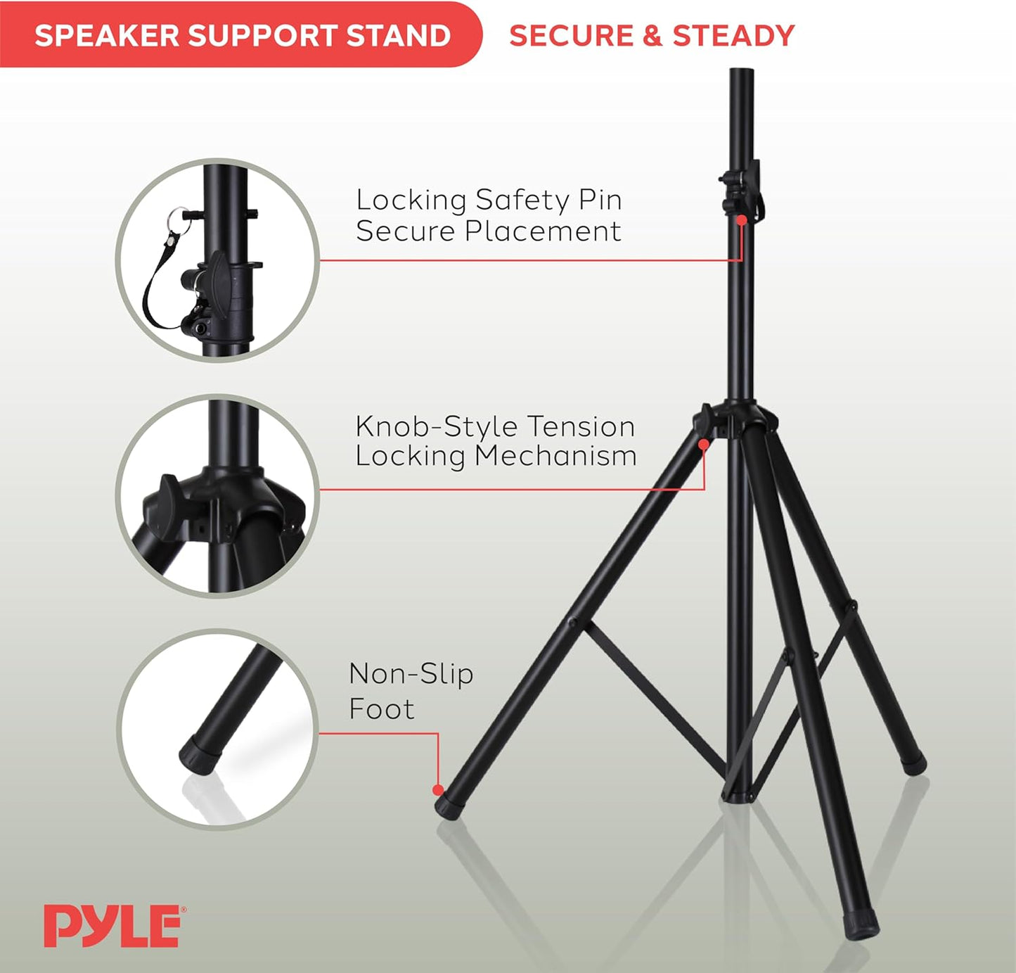 Pyle Universal Speaker Stand Mount Holder Heavy Duty Tripod w/ Adjustable Height from 40” to 71” and 35mm Compatible Insert Easy Mobility Safety Pin and Knob Tension Locking for Stability, Black