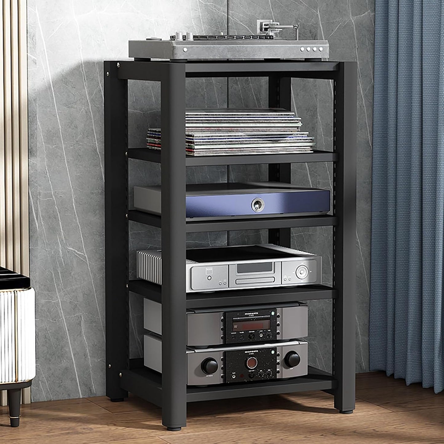 Stereo Stand Audio Rack Gaming Shelf Record Player Stand AV Media Stand Corner Shelf with Wooden Shelves CD DVD Display Cabinet for Projector PS5 DVD Player Game Console Cable Box.(Walnut,60x50x40cm)