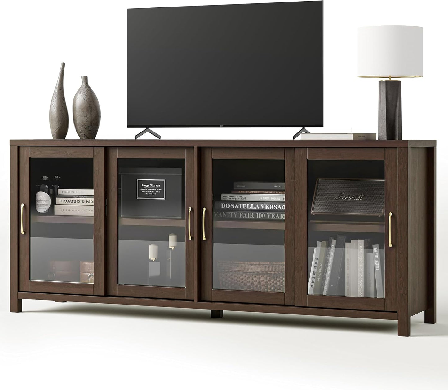 Dowinx 70" Modern TV Stand for TVs up to 75 inch with Storage, Glass Cabinet Door Entertainment Center, Tv Console for Living Room Bedroom, Deep Brown