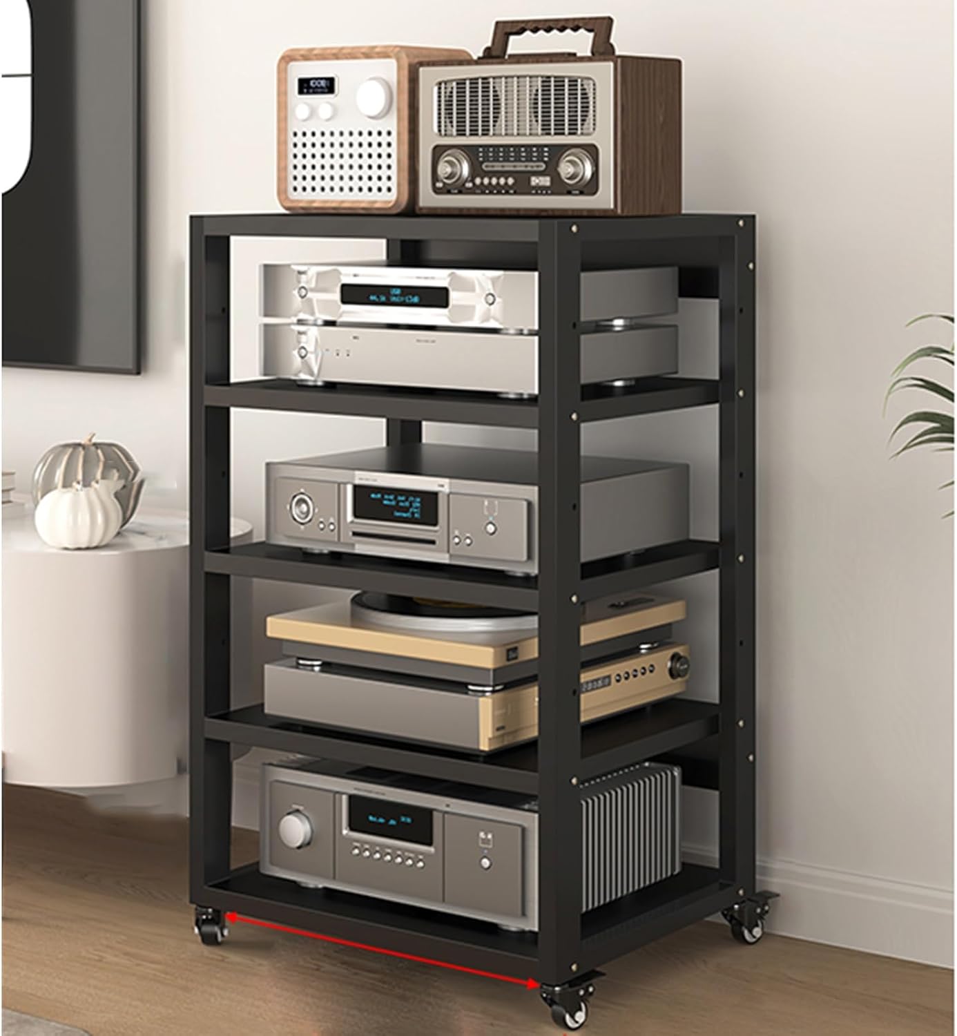 Stereo Stand Record Player Stand with Vinyl Storage Modern with Wheels Audio-Video Media Stand 5-Tier Shelves Audio Video Record Player Stand Cabinet Router DVD Shelf Corner TV Entertainment Center(55