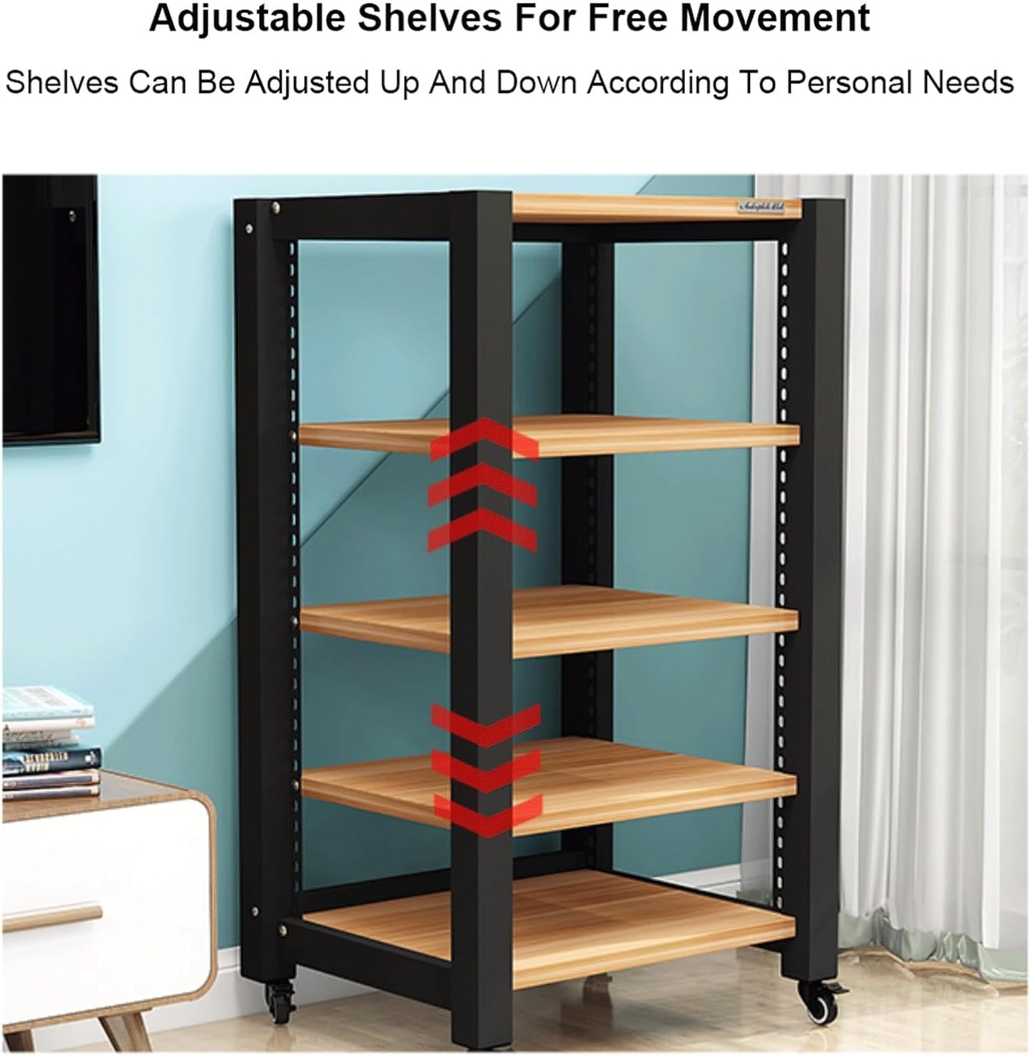 AV Media Stand with Wheels HiFi Stand Adjustable Media Storage Shelves Wooden Audio Rack Tower Stereo Cabinet for CD Player Video Game Console(Black,5 Tier)