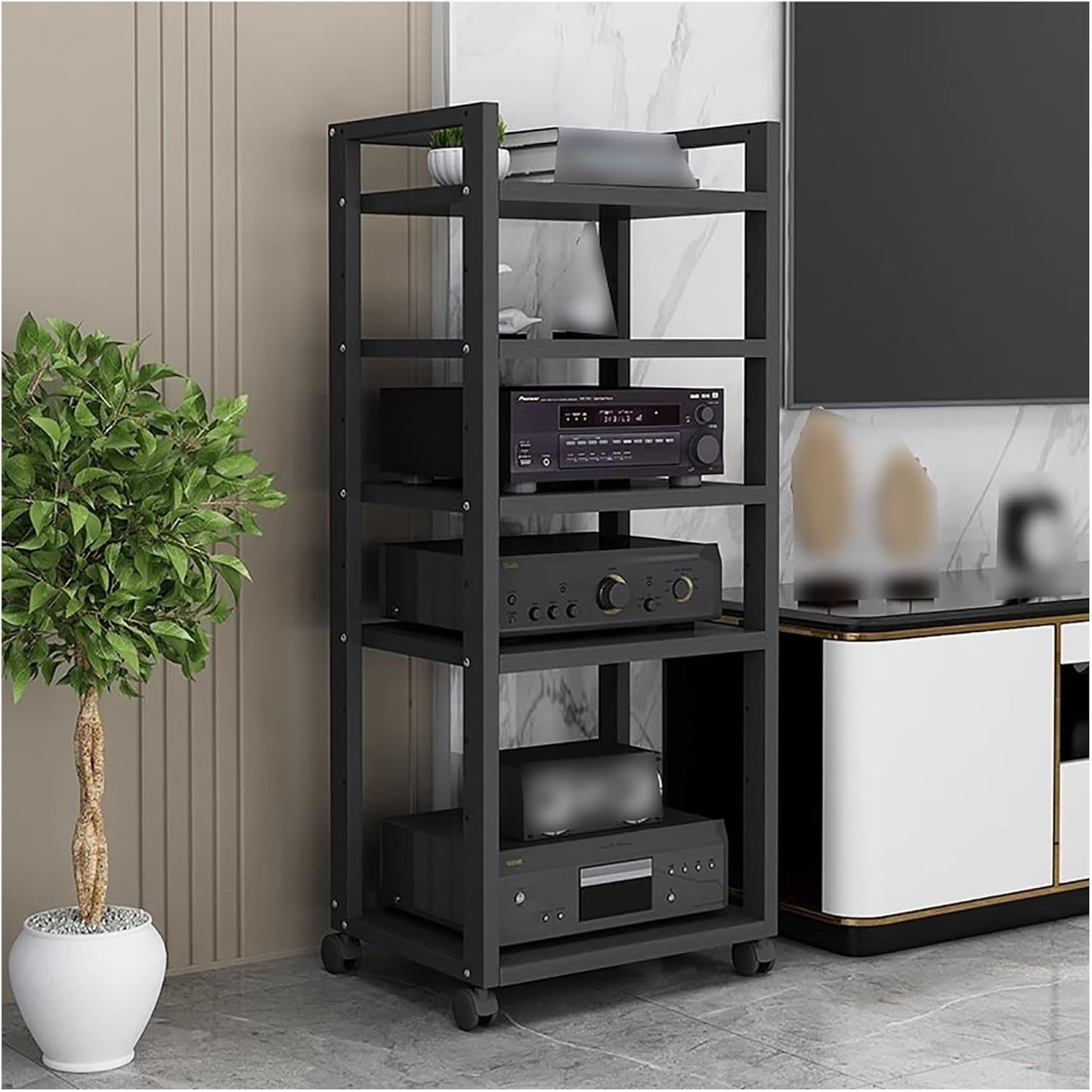 BYZOMU 120cm/47inch Tall 5 Tier Media Stand Audio/Video Component Cabinet, Stereo Component Rack Cabinet, AV Cabinet for Home Office Theater, Record Player/Turntable/Stereo Receiver Rack(Black)