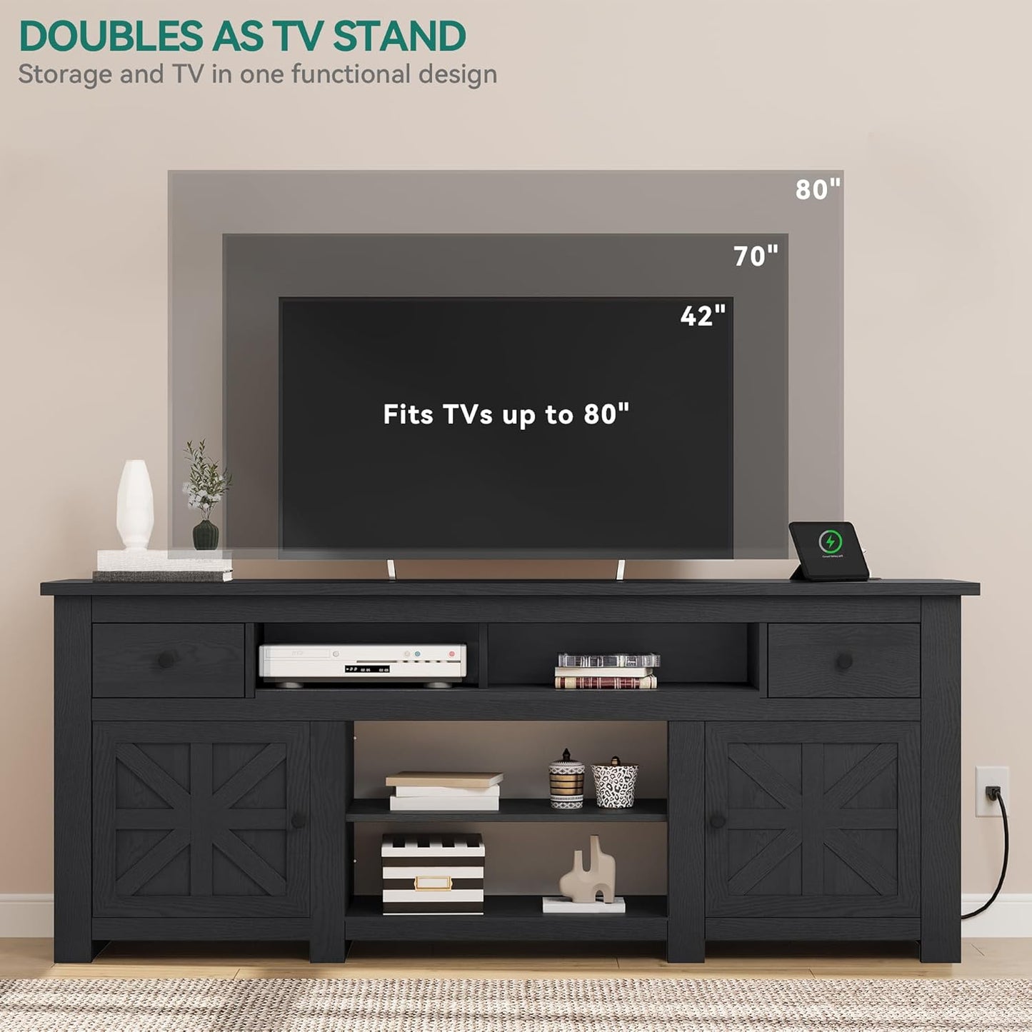 YITAHOME TV Stand for 75/80 Inch TV, Entertainment Center, TV Cabinet with Drawers and Power Outlet, Black TV Console for Living Room Furniture (70 Inch Lenght 30 Inch High)
