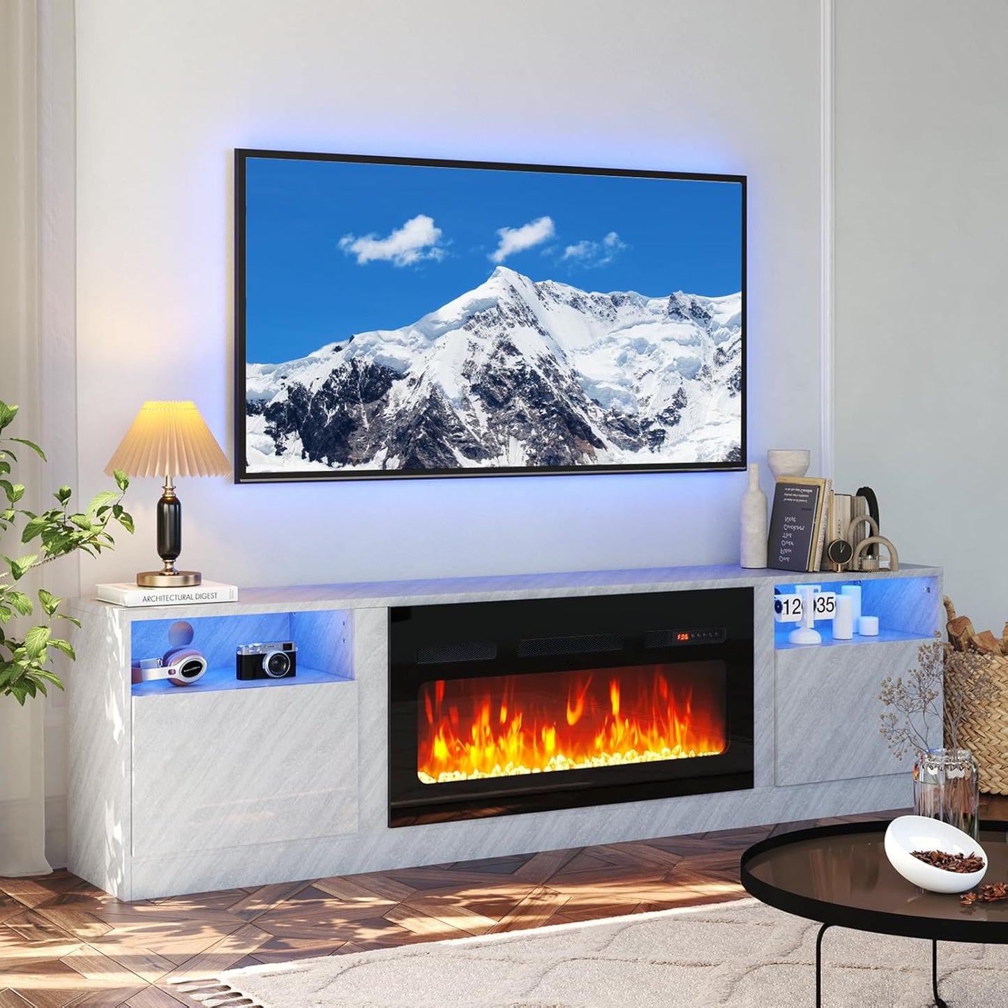 oneinmil Fireplace TV Stand with 36" Electric Fireplace, LED Light Entertainment Center, Modern Wood Texture Entertainment Stand with Highlight Storage Cabinet for TVs Up to 80", 70 inches, Black
