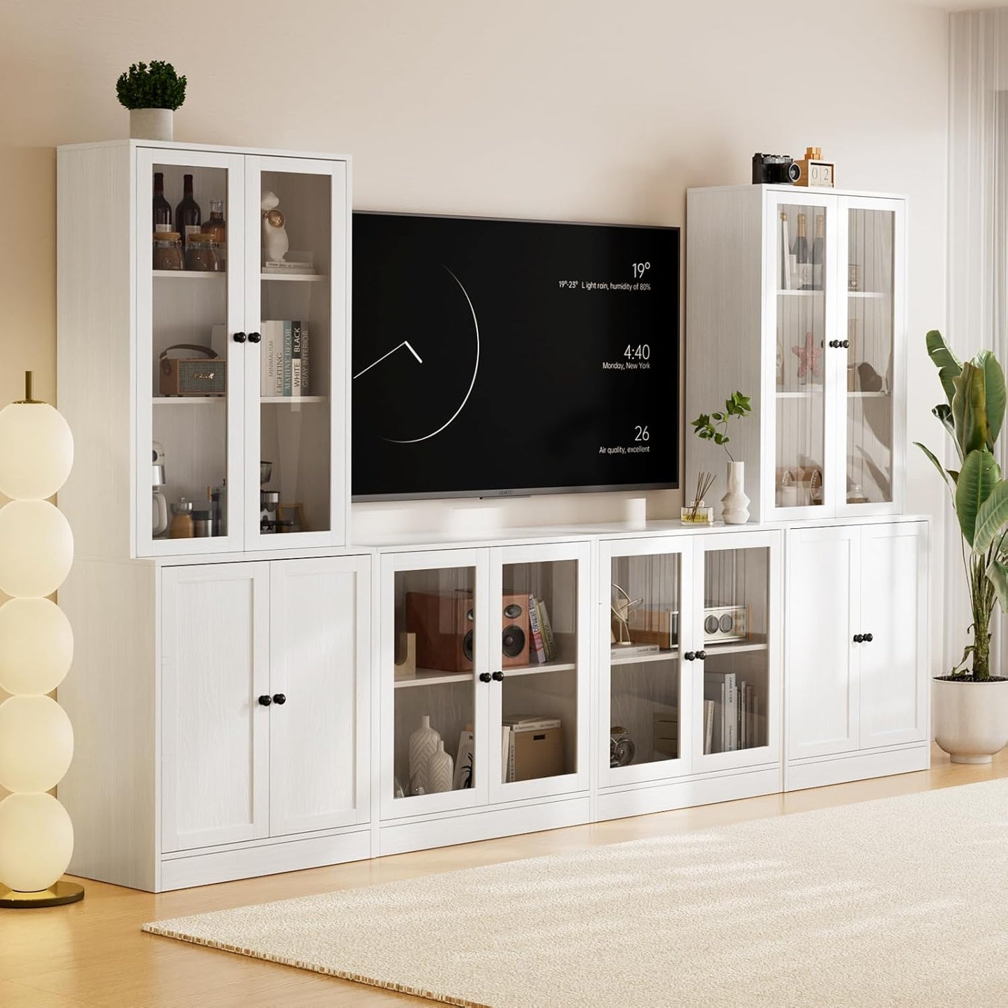 TUSY 4-Piece Large TV Stand with Bookshelves for TVs up to 75", TV Entertainment Center Media Center with Tempered Glass Doors and Shelves, TV Hutch for Living Room (Wood)