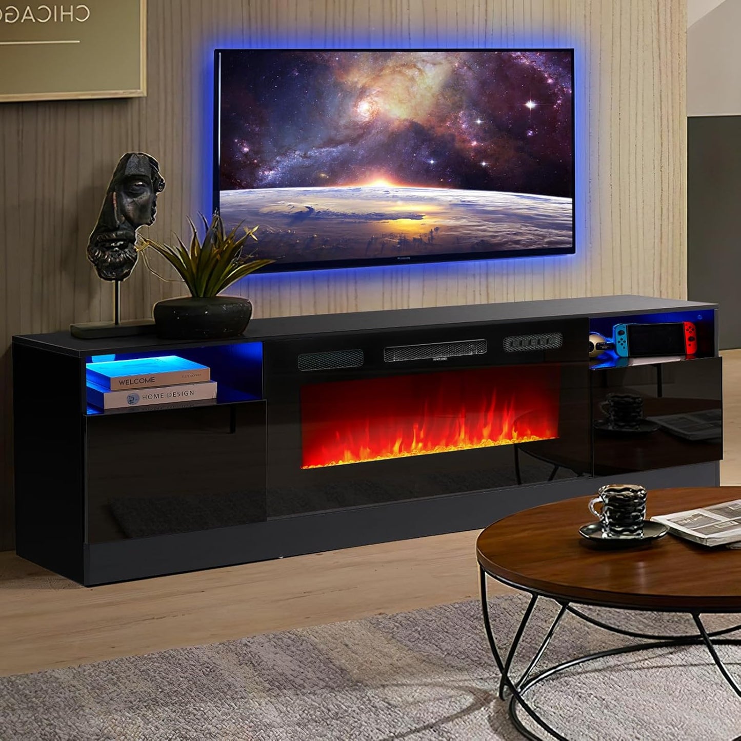 oneinmil Fireplace TV Stand with 36" Electric Fireplace, LED Light Entertainment Center, Modern Wood Texture Entertainment Stand with Highlight Storage Cabinet for TVs Up to 80", 70 inches, Black