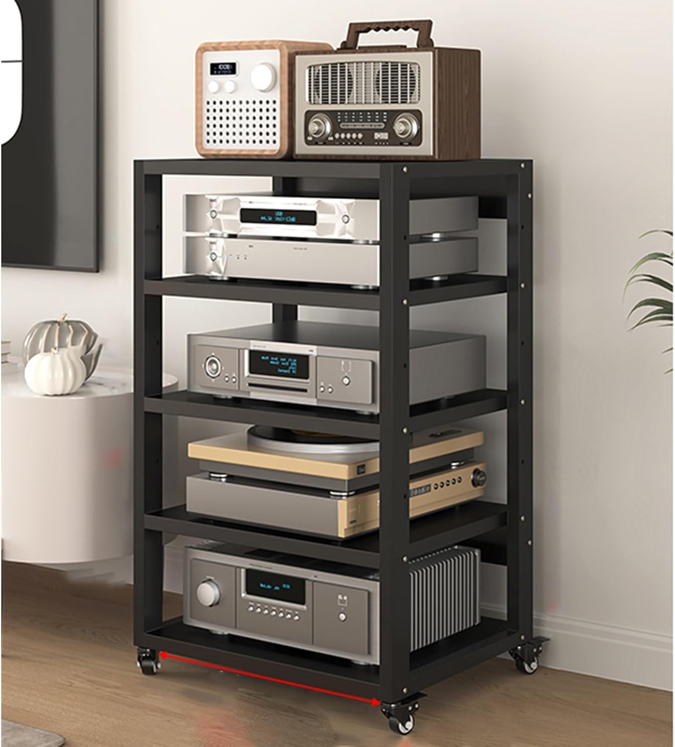 Stereo Stand Record Player Stand with Vinyl Storage Modern with Wheels Audio-Video Media Stand 5-Tier Shelves Audio Video Record Player Stand Cabinet Router DVD Shelf Corner TV Entertainment Center(55