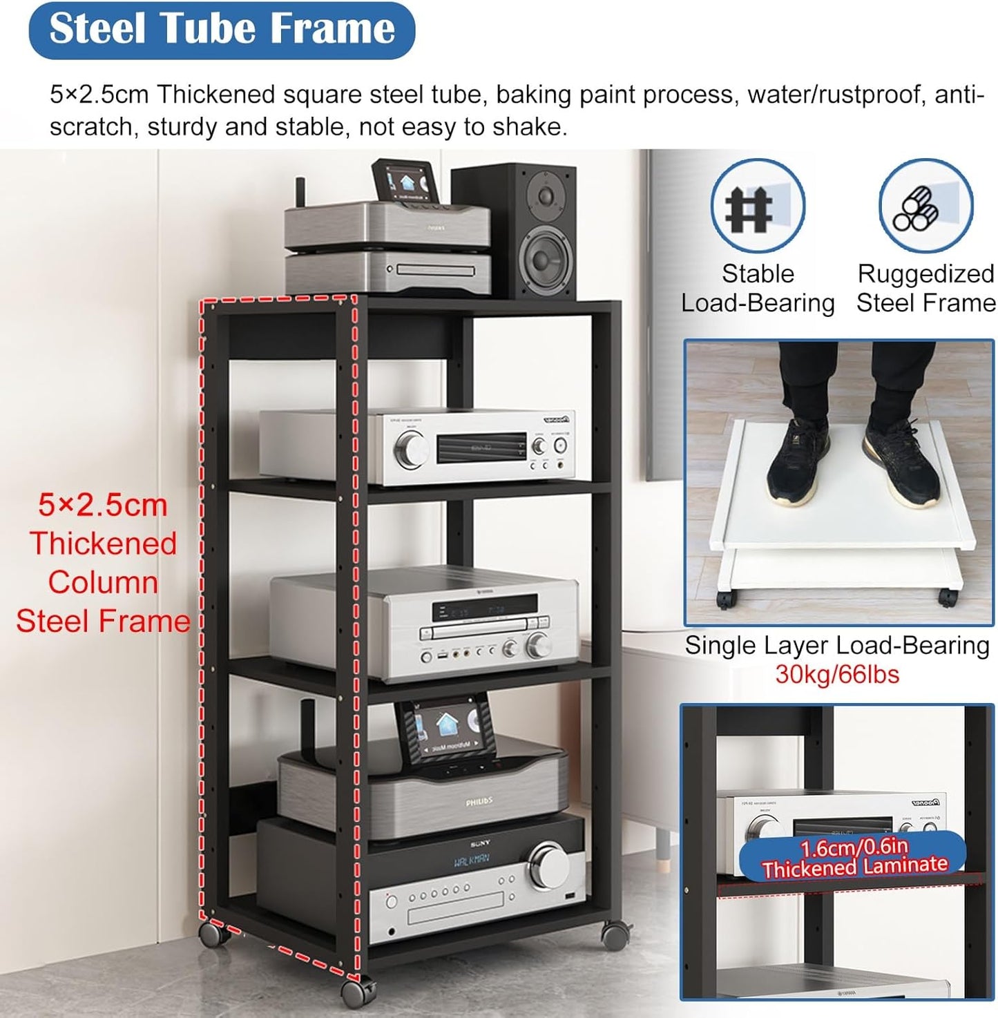 27in High Modern Record Player Stand, 4/3 Tier Mobile Audio AV Media Shelf Vertical Storage Cabinet for Office Home Classroom, Stereo Equipment Rack Adjustable(Light Wood,4 Tier)