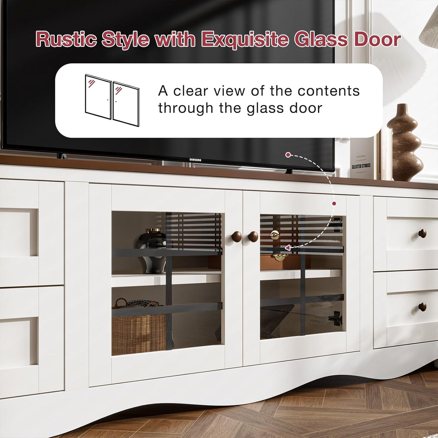 oneinmil 70" Modern TV Stands for for Living Room, Wood Entertainment Center with 4 Large Drawers, TV Console with Glass Door Storage Cabinet, TV Stand for TVs up to 75", White