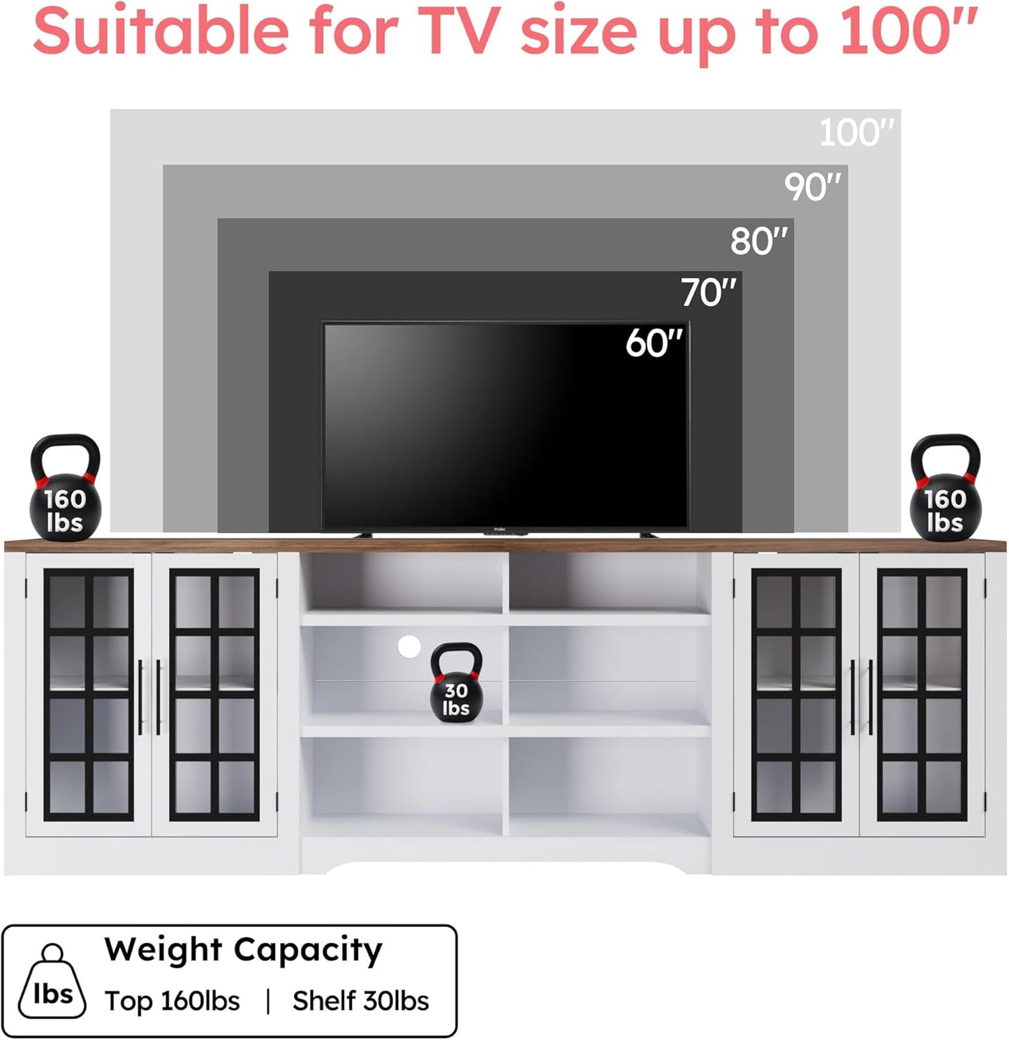 Farmhouse TV Stand for TVs up to 100", Modern Entertainment Center with 2 Cabinets and 3-Tier Open Shelves, Rustic TV Console for Living Room, Bedroom, White