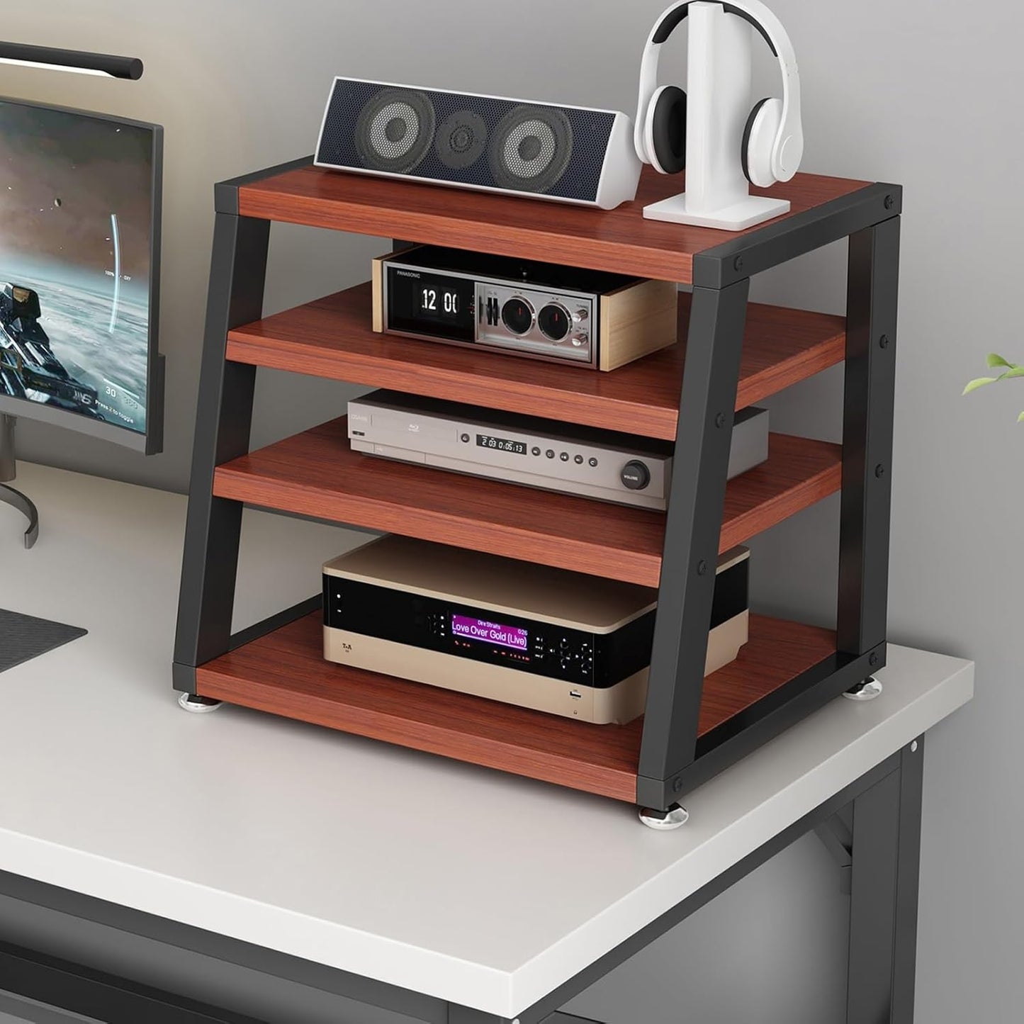 2/3/4-Tier AV Media Stand Desktop or Floor-Standing Audio Rack CD Player Stand Home Corner Stereo Equipments Components Cabinet Multi-Function Open Storage Shelf with Wooden Shelves(A-4 Tier,50cm(19.7