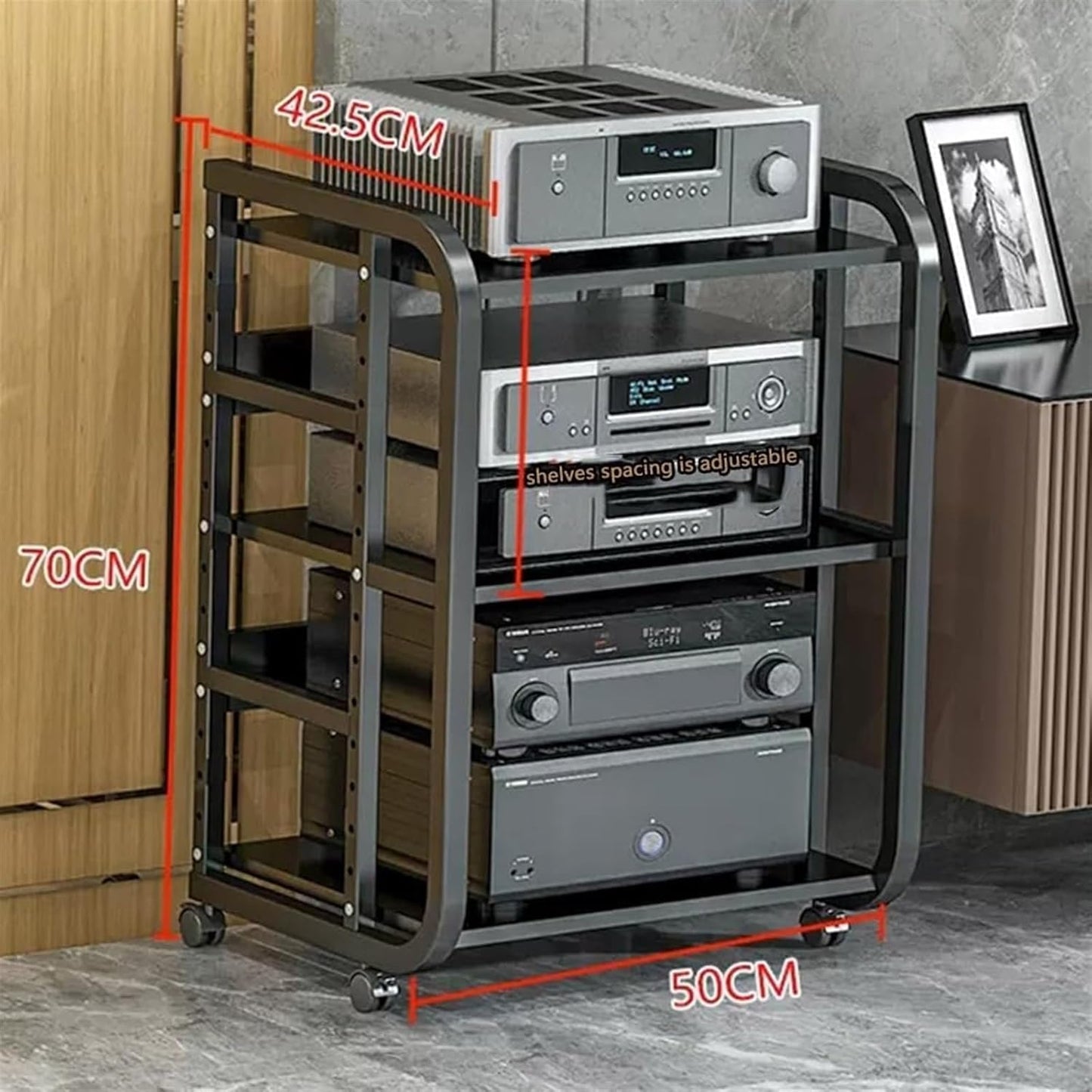 AV Media Stand,Media Stand, AV Media Stand Corner Shelf Media Storage Cabinet, Audio Video Player Stand Cabinet Stereo Audio Rack with Height Adjustable(Black+Teak,3 Tier-high 69cm)
