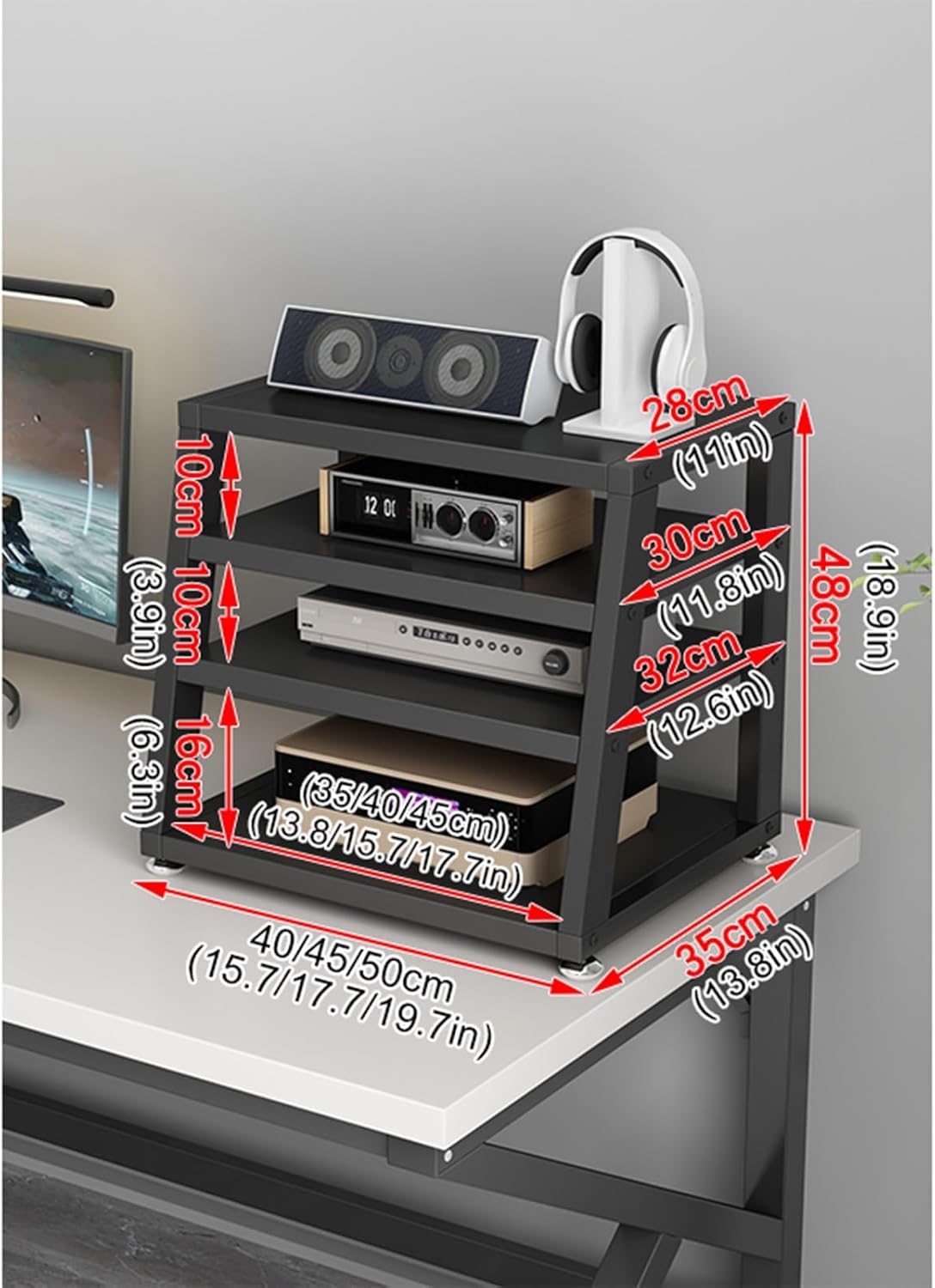 2/3/4-Tier AV Media Stand Desktop or Floor-Standing Audio Rack CD Player Stand Home Corner Stereo Equipments Components Cabinet Multi-Function Open Storage Shelf with Wooden Shelves(A-4 Tier,50cm(19.7