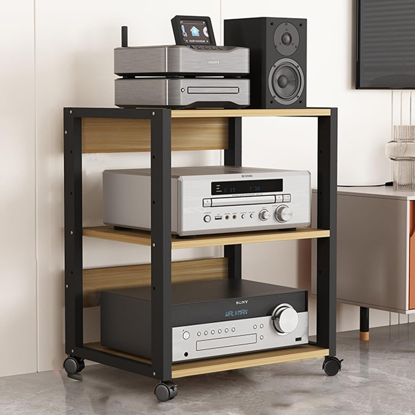27in High Modern Record Player Stand, 4/3 Tier Mobile Audio AV Media Shelf Vertical Storage Cabinet for Office Home Classroom, Stereo Equipment Rack Adjustable(Light Wood,4 Tier)